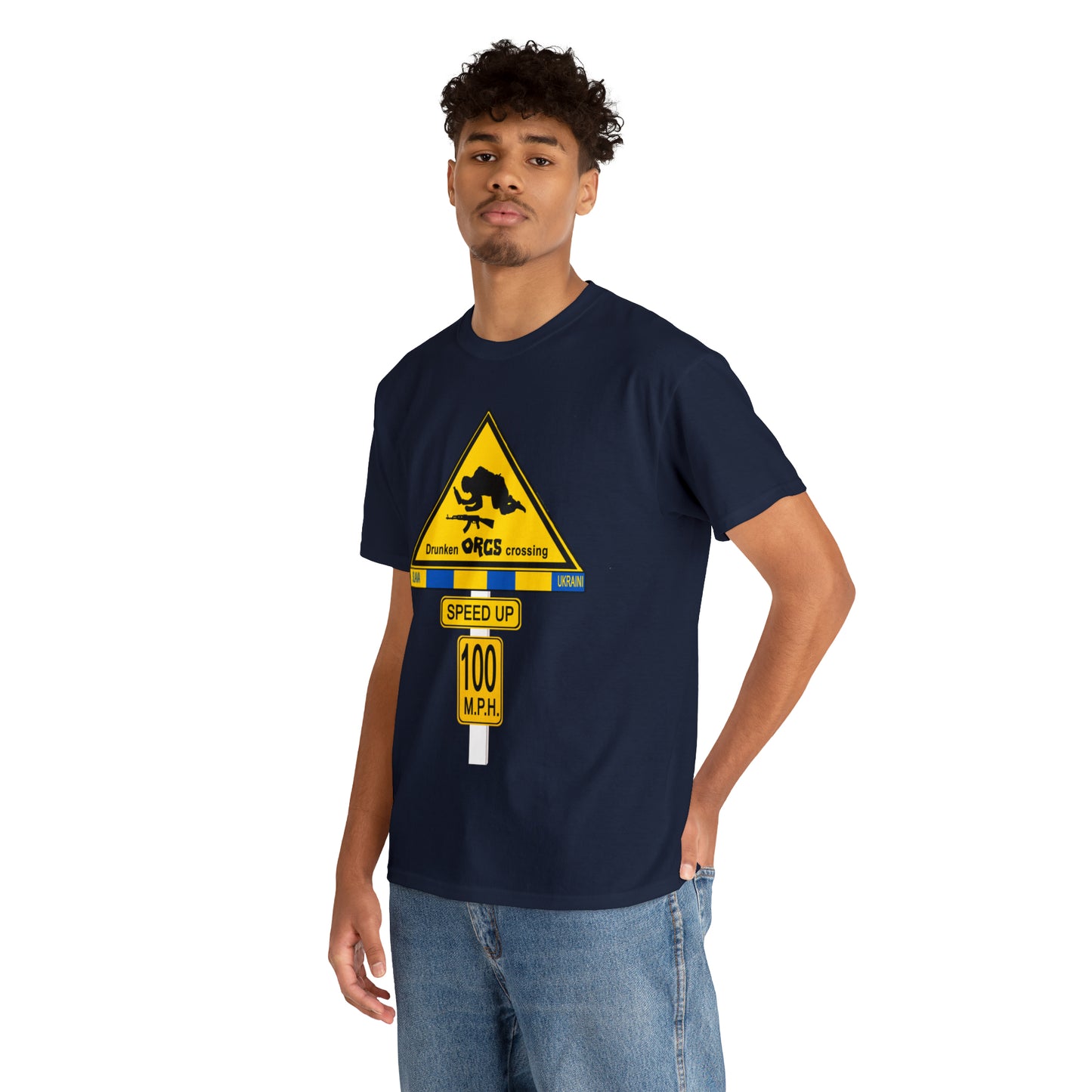 DRU**** ORCS CROSSING ROAD SIGN 100 MPH - Unisex Heavy Cotton Tee - USA