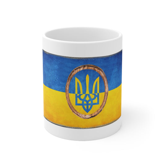 UKRAINIAN FLAG & WOOD FRAMED TRIDENT CUP/MUG - Ceramic Coffee Cups, 11oz, 15oz