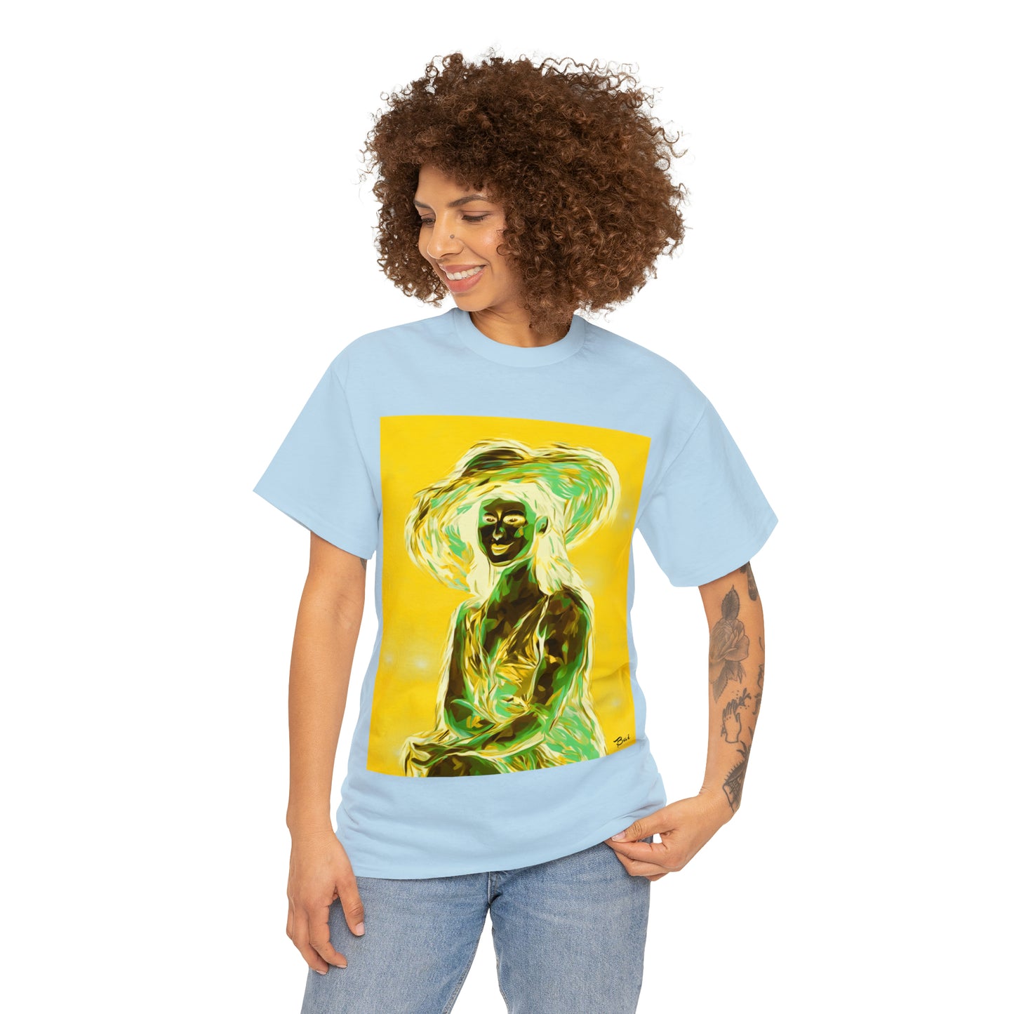 LADY IN SUN HAT (an Inversion in Blue) - Airt on a Shirt  - Unisex Heavy Cotton Tee - AUS