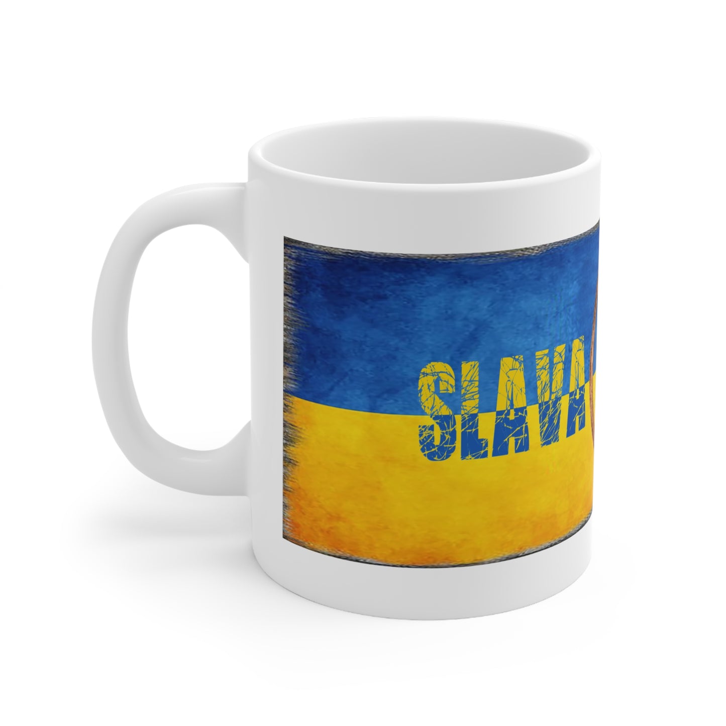 "SLAVA UKRAINI" Ukrainian Flag & Wood Framed Trident CUP/MUG - Ceramic Coffee Cups, 11oz