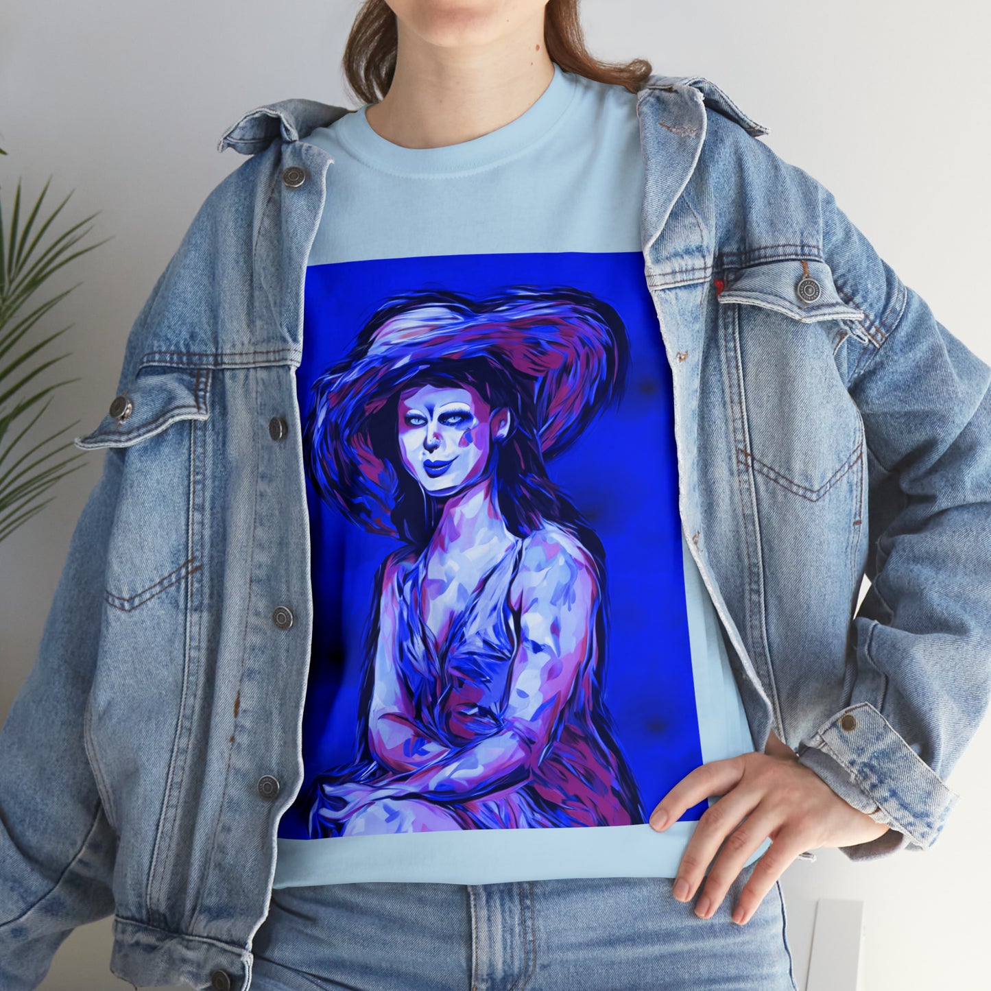 LADY IN SUN HAT (Blue) - Airt on a Shirt  - Unisex Heavy Cotton Tee - AUS