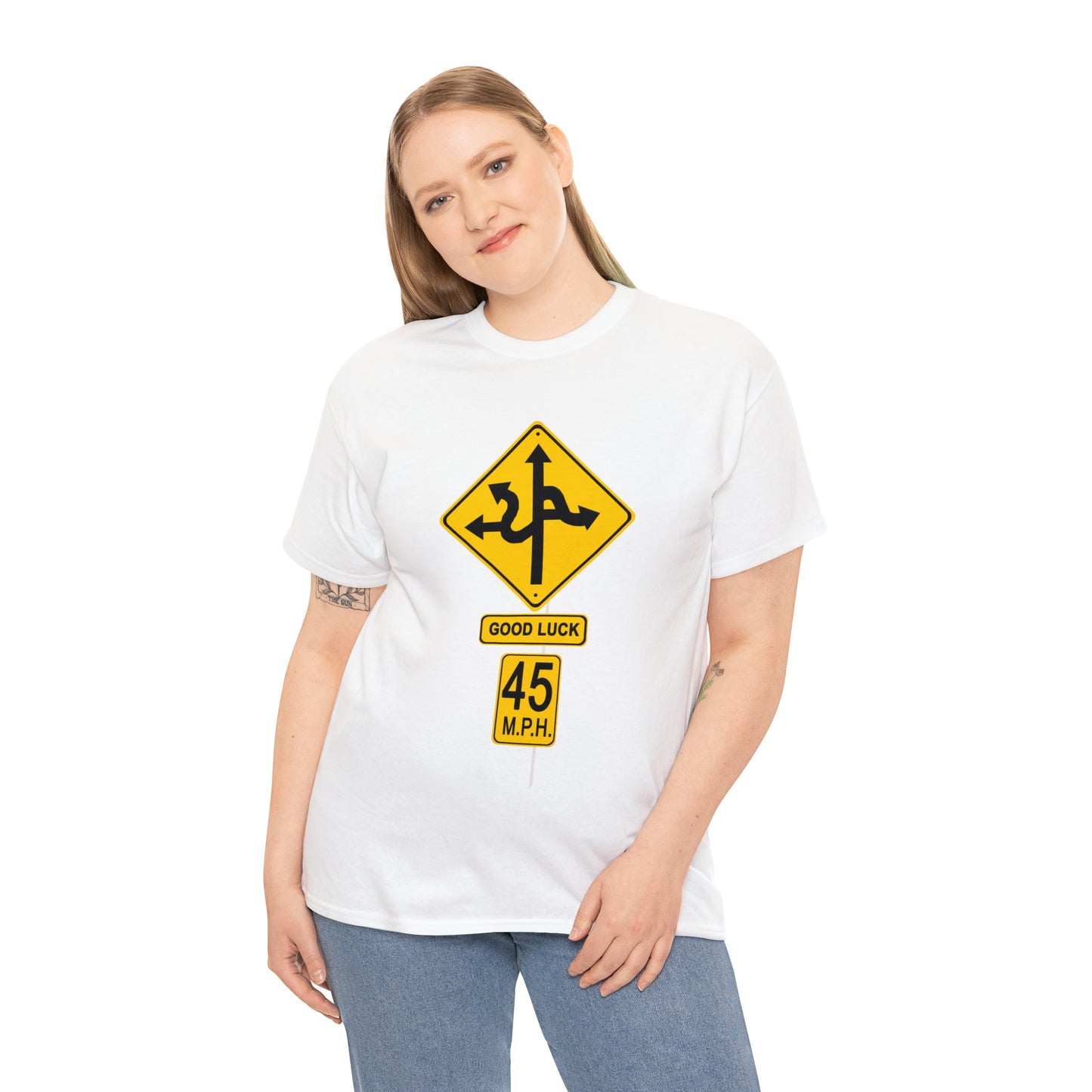 CRAZY FUNNY GOOD LUCK ROAD SIGN 45 MPH - Unisex Heavy Cotton Tee - USA