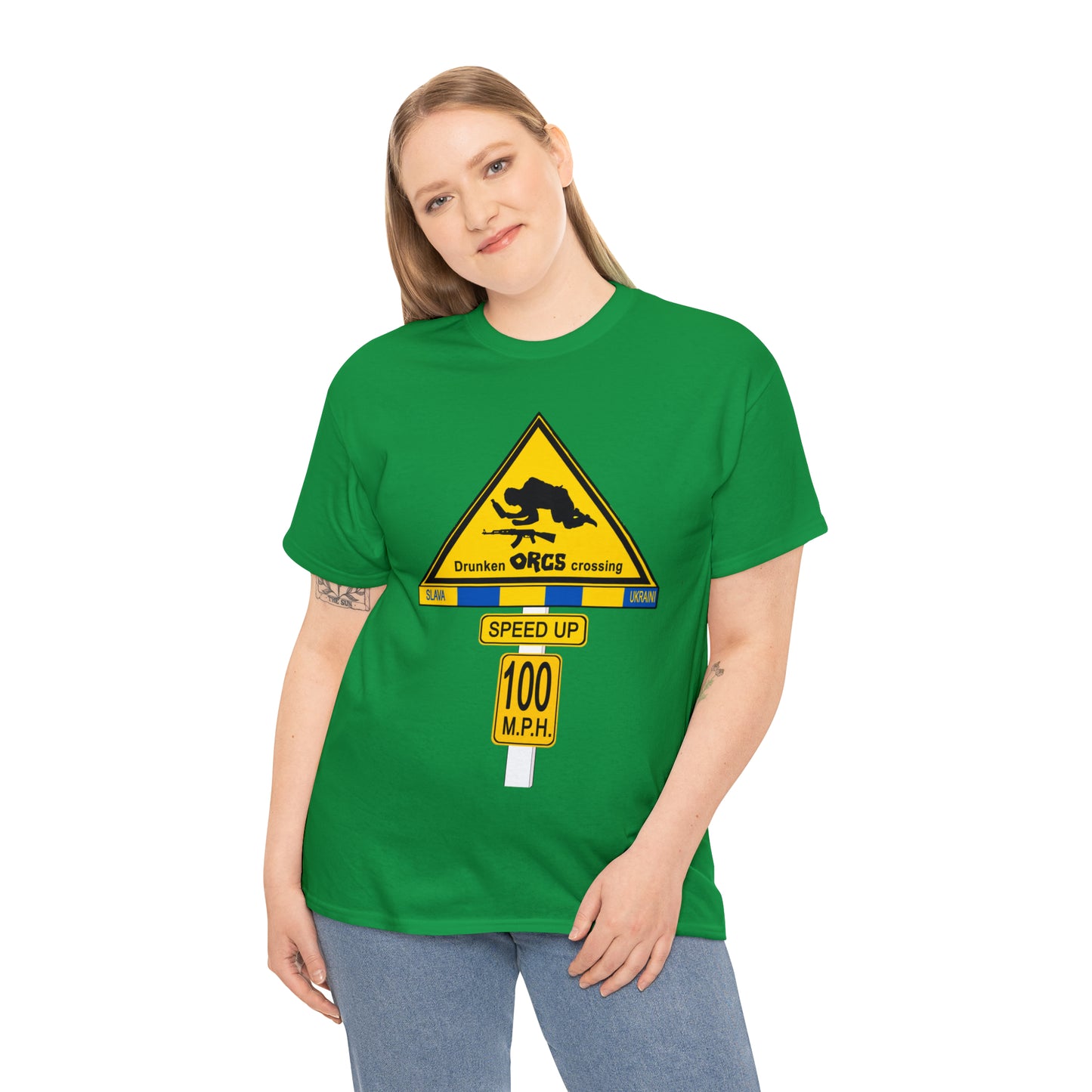 DRU**** ORCS CROSSING ROAD SIGN 100 MPH - Unisex Heavy Cotton Tee - USA