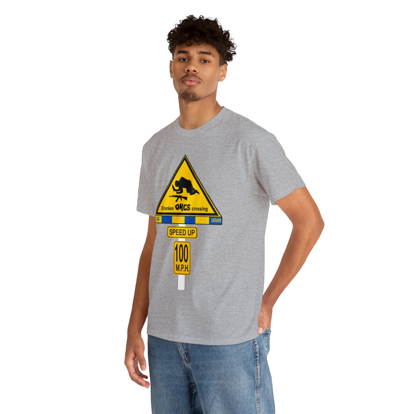 DRU**** ORCS CROSSING ROAD SIGN 100 MPH - Unisex Heavy Cotton Tee - USA