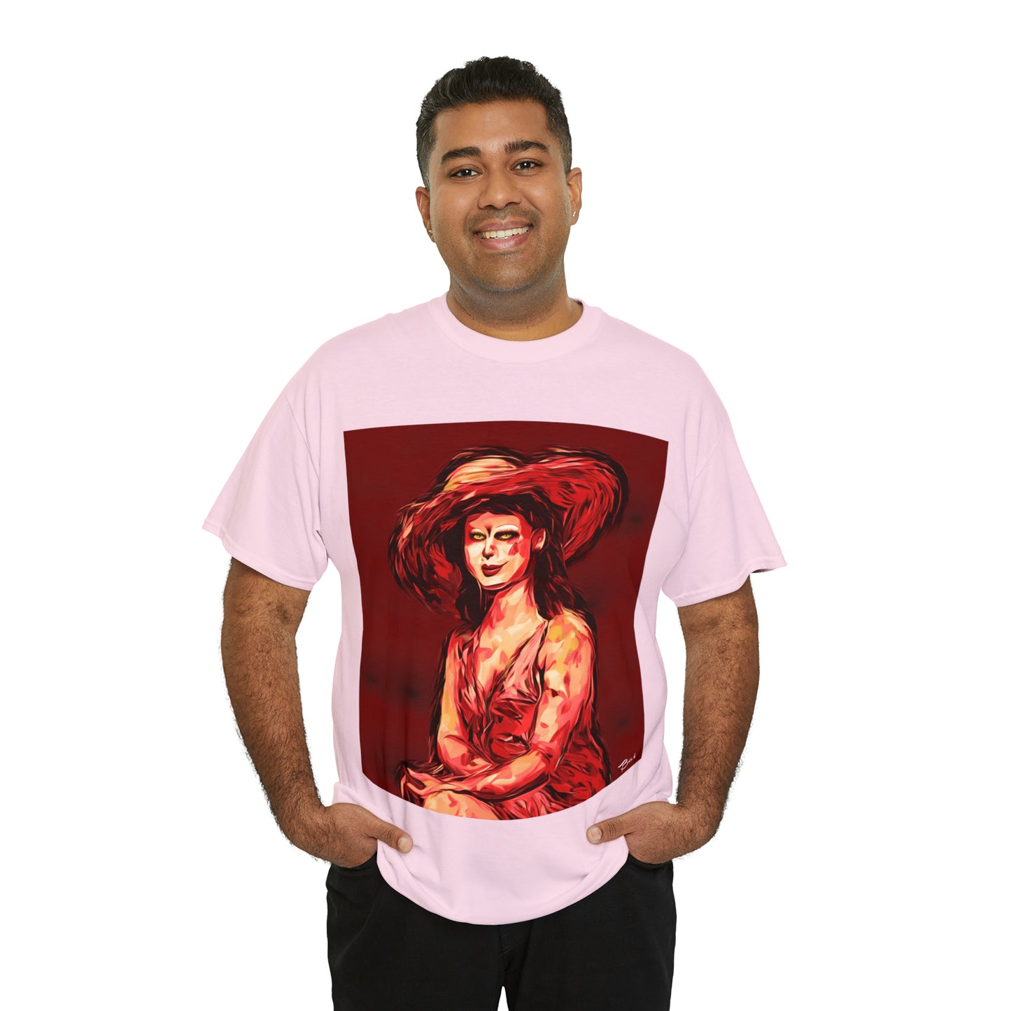 LADY IN SUN HAT (Red) - Airt on a Shirt  - Unisex Heavy Cotton Tee - AUS