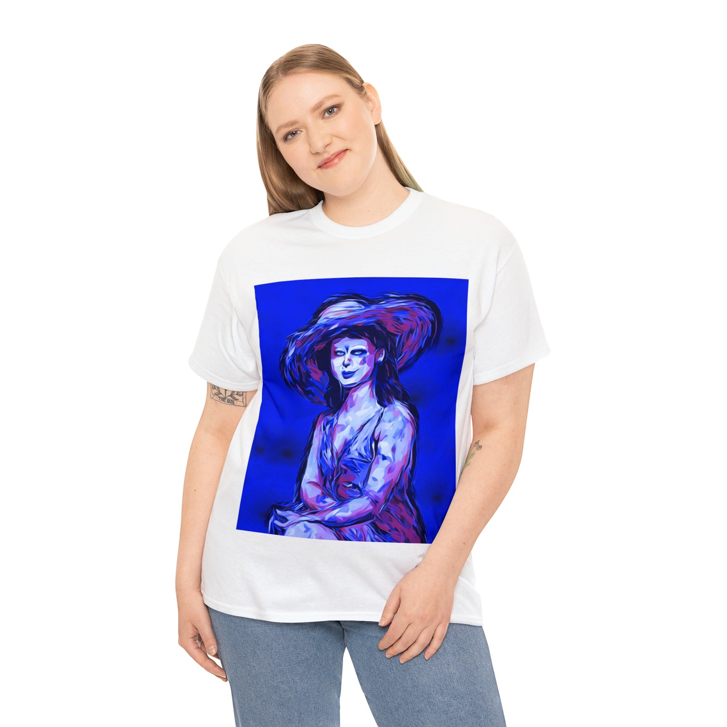 LADY IN SUN HAT (Blue) - Airt on a Shirt  - Unisex Heavy Cotton Tee - AUS