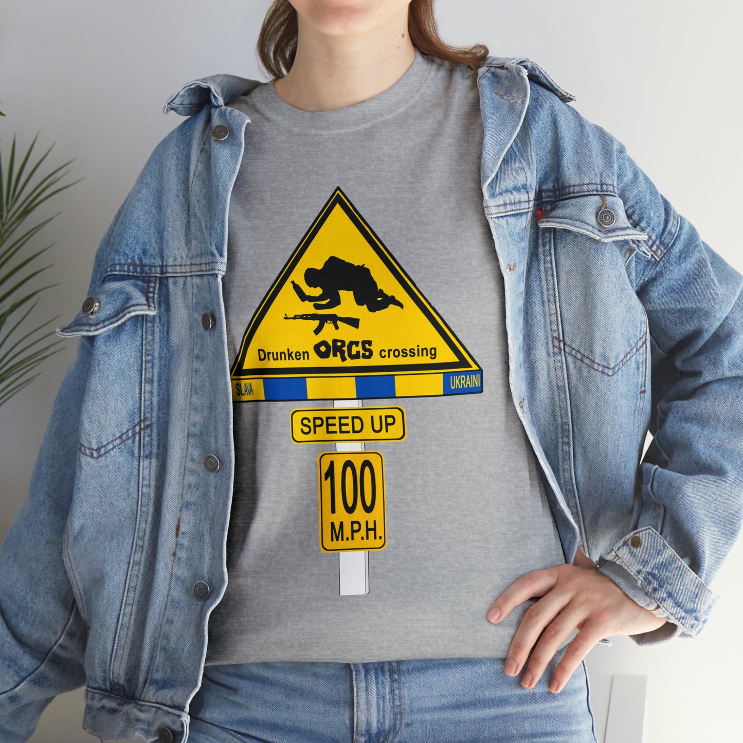 DRU**** ORCS CROSSING ROAD SIGN 100 MPH - Unisex Heavy Cotton Tee - USA