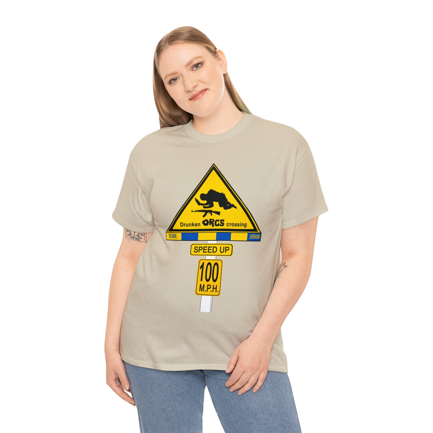 DRU**** ORCS CROSSING ROAD SIGN 100 MPH - Unisex Heavy Cotton Tee - USA