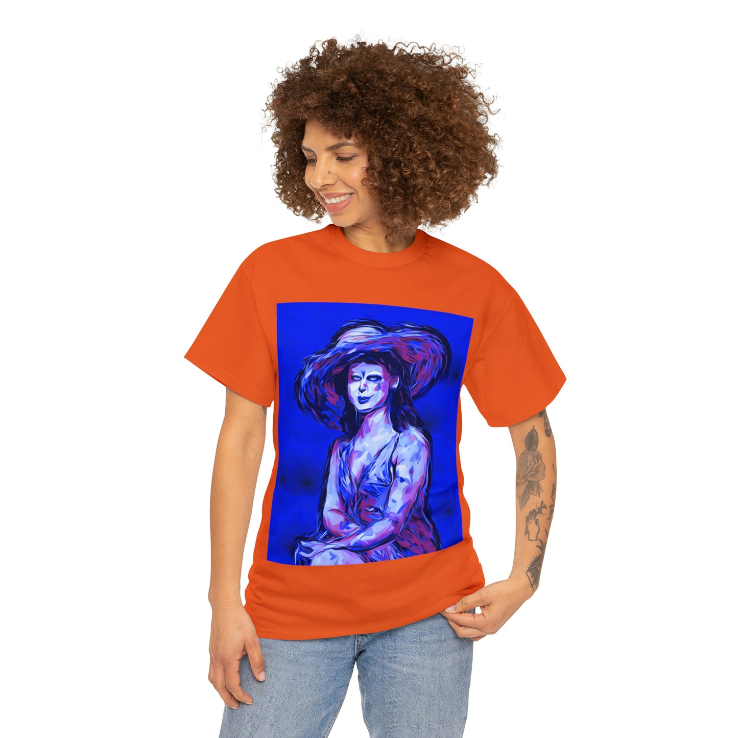 LADY IN SUN HAT (Blue) - Airt on a Shirt  - Unisex Heavy Cotton Tee - AUS