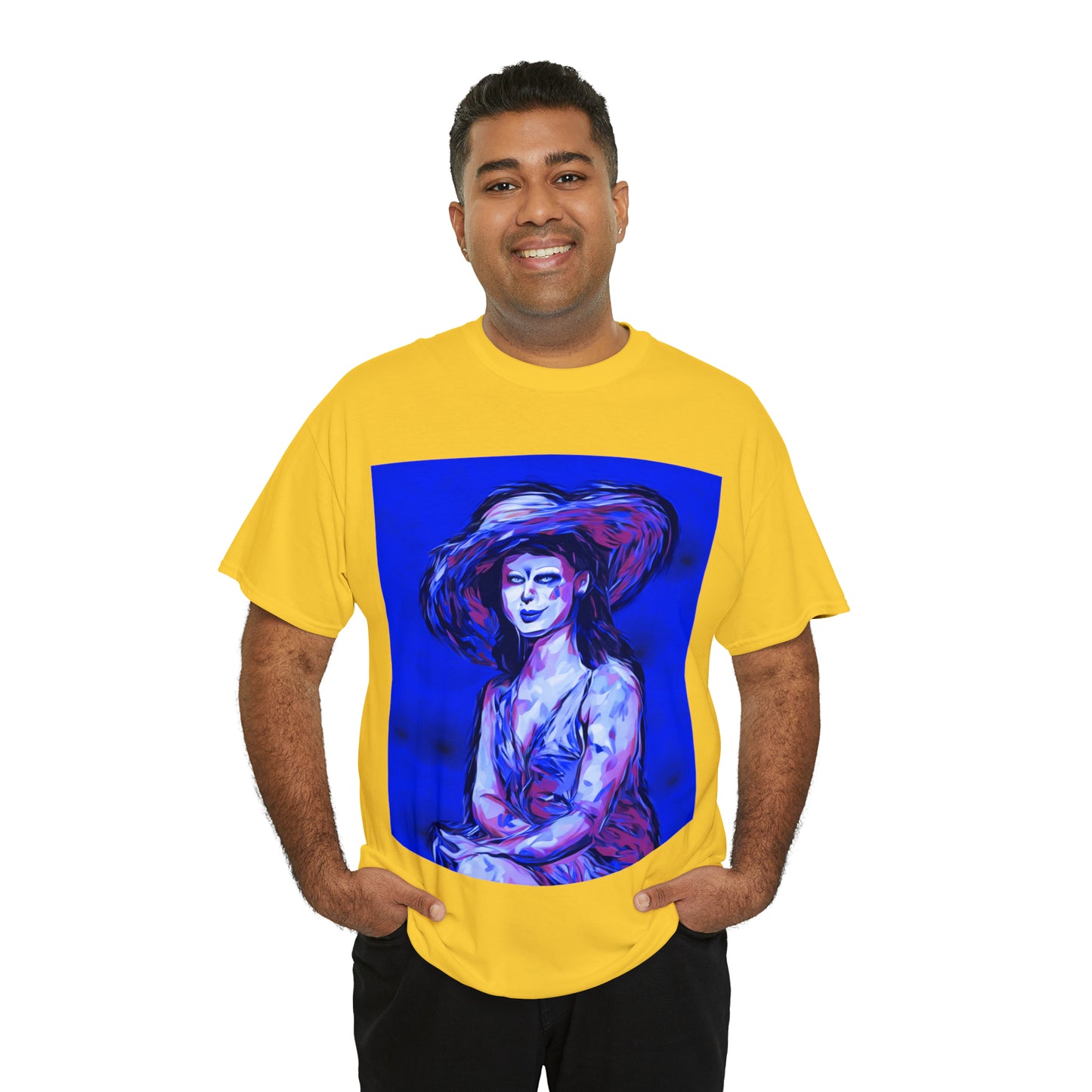 LADY IN SUN HAT (Blue) - Airt on a Shirt  - Unisex Heavy Cotton Tee - AUS