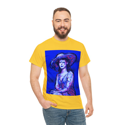 LADY IN SUN HAT (Blue) - Airt on a Shirt  - Unisex Heavy Cotton Tee - AUS