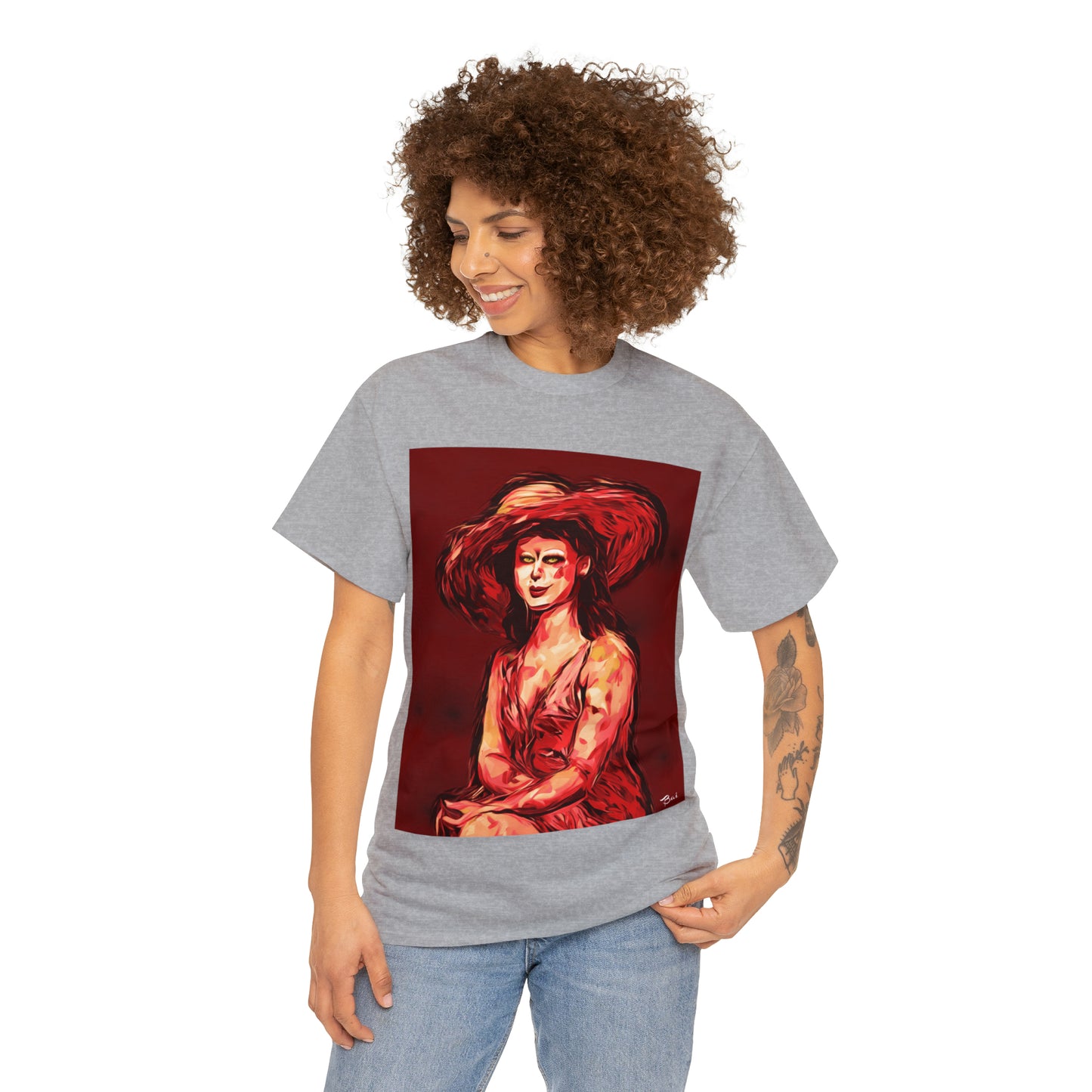 LADY IN SUN HAT (Red) - Airt on a Shirt  - Unisex Heavy Cotton Tee - AUS