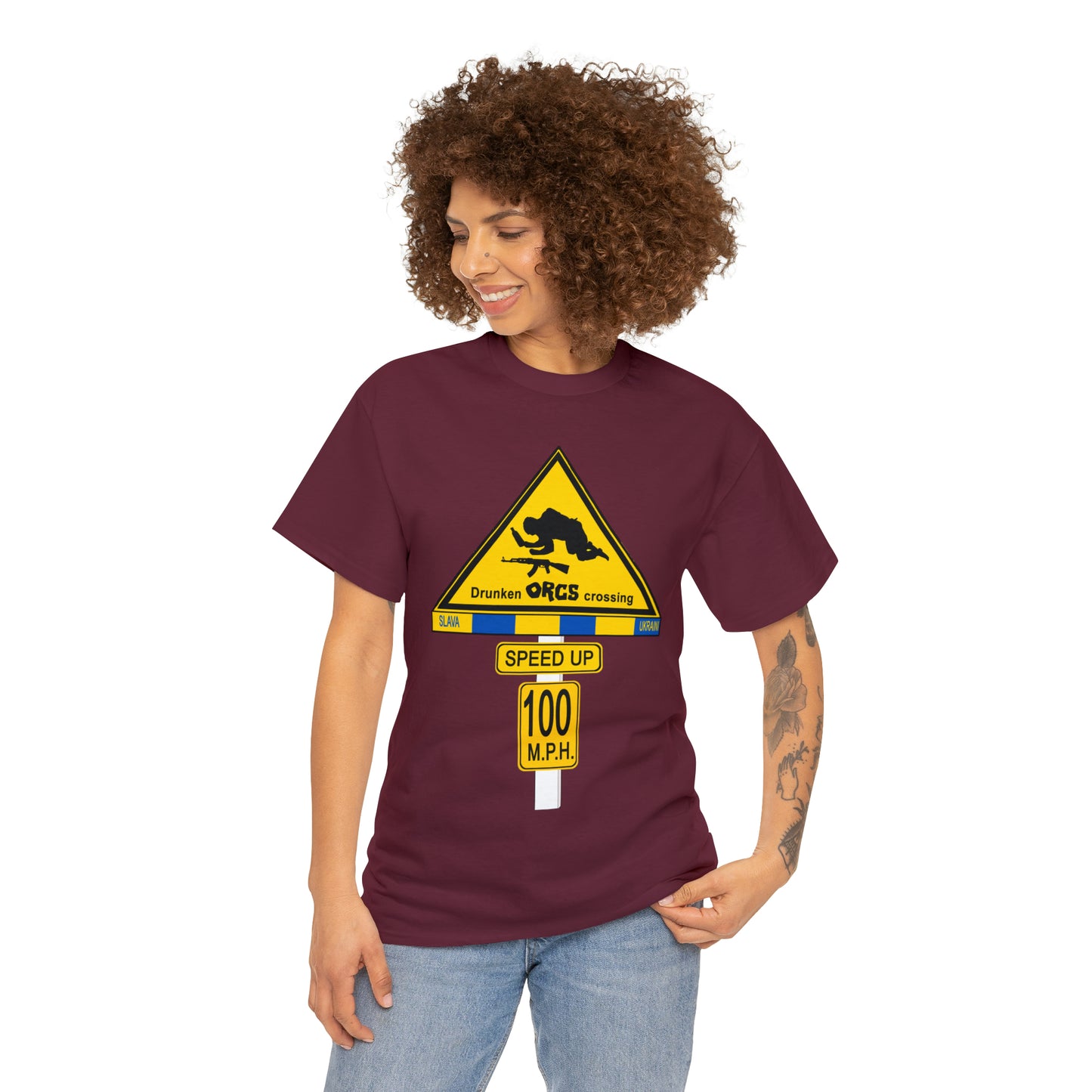 DRU**** ORCS CROSSING ROAD SIGN 100 MPH - Unisex Heavy Cotton Tee - USA