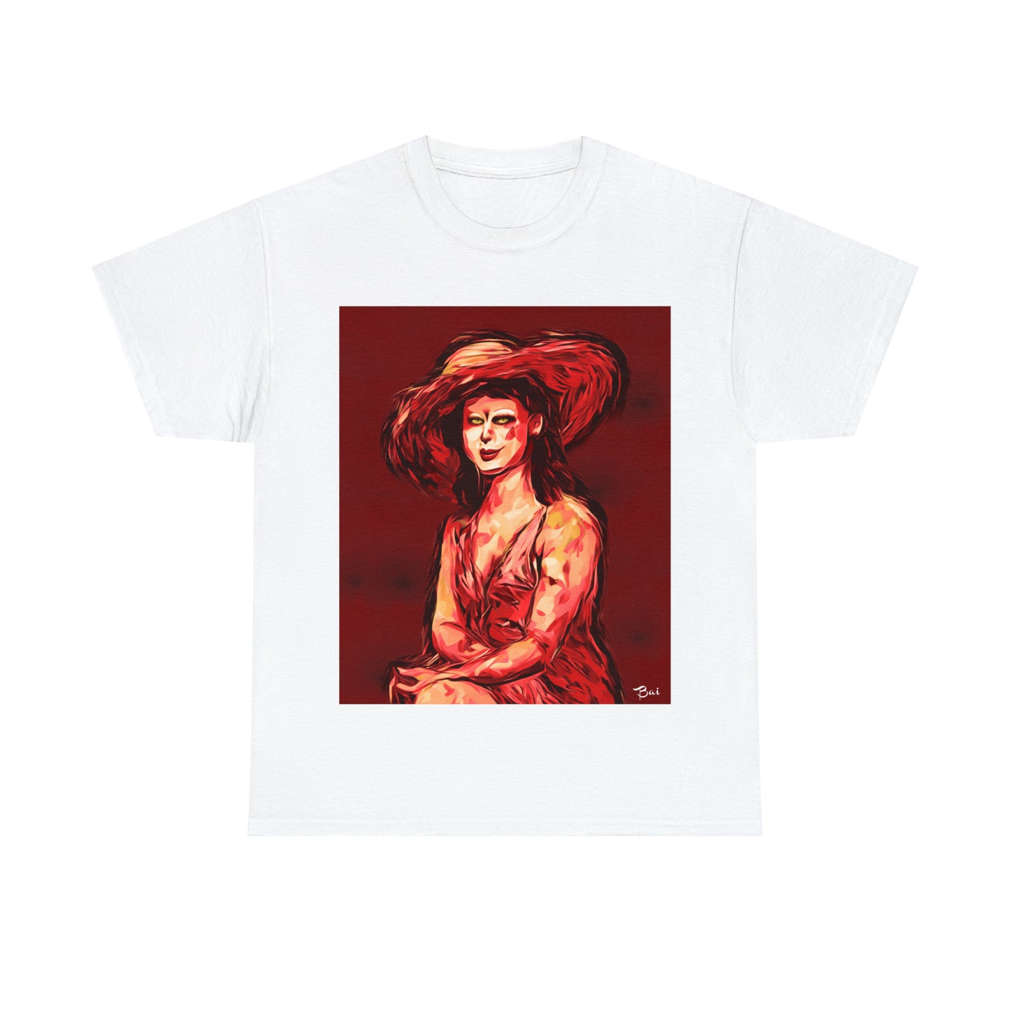 LADY IN SUN HAT (Red) - Airt on a Shirt  - Unisex Heavy Cotton Tee - AUS