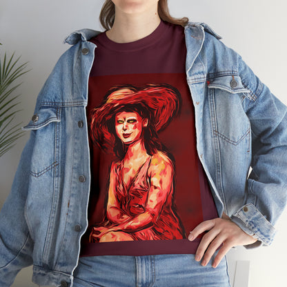 LADY IN SUN HAT (Red) - Airt on a Shirt  - Unisex Heavy Cotton Tee - AUS