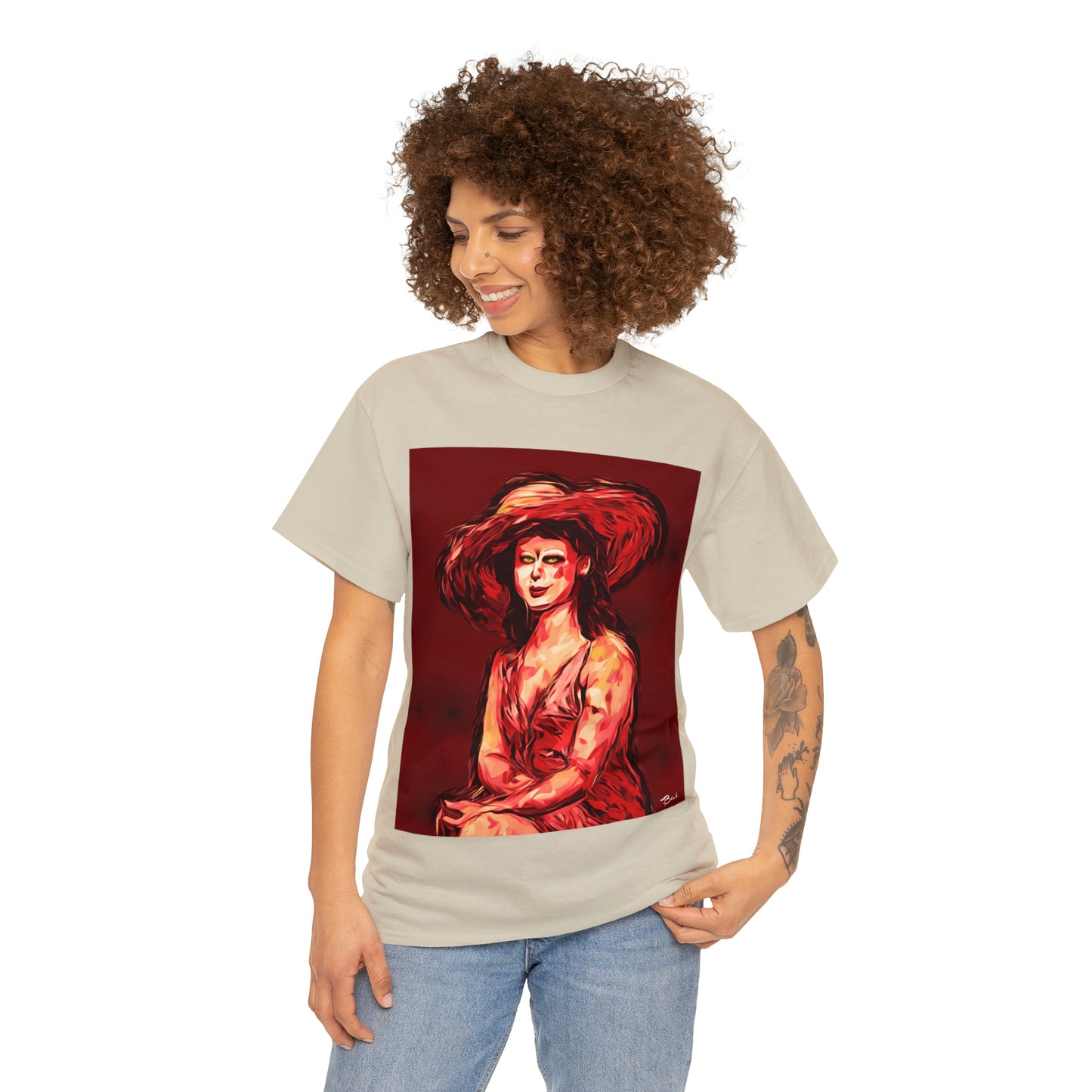 LADY IN SUN HAT (Red) - Airt on a Shirt  - Unisex Heavy Cotton Tee - AUS