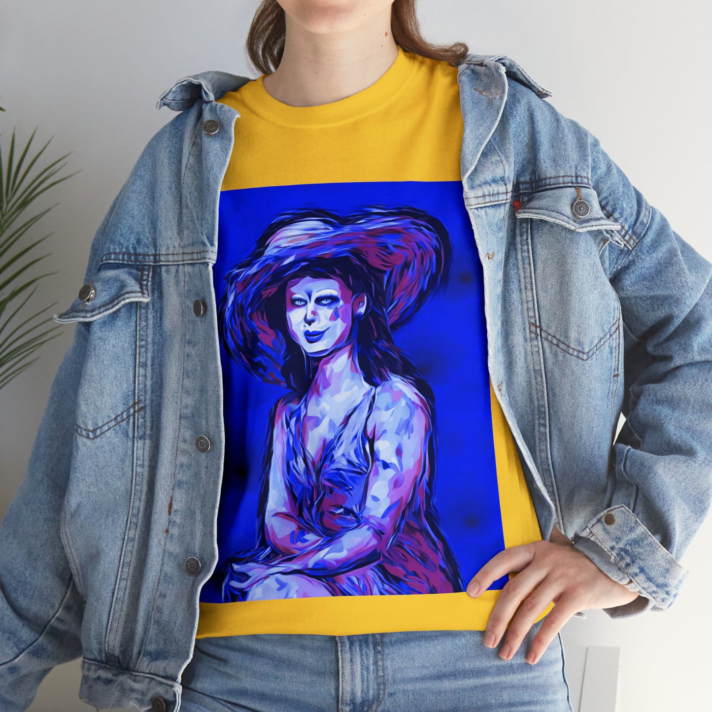 LADY IN SUN HAT (Blue) - Airt on a Shirt  - Unisex Heavy Cotton Tee - AUS