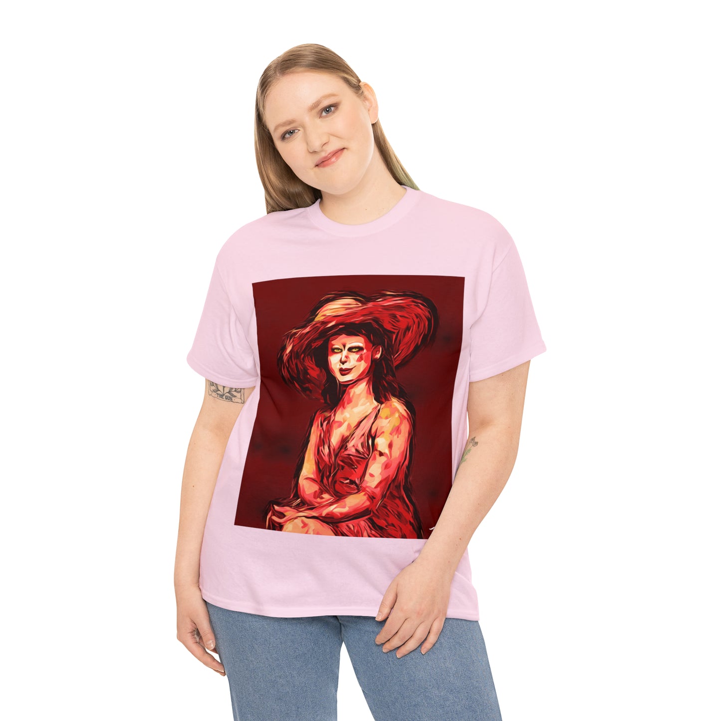 LADY IN SUN HAT (Red) - Airt on a Shirt  - Unisex Heavy Cotton Tee - AUS