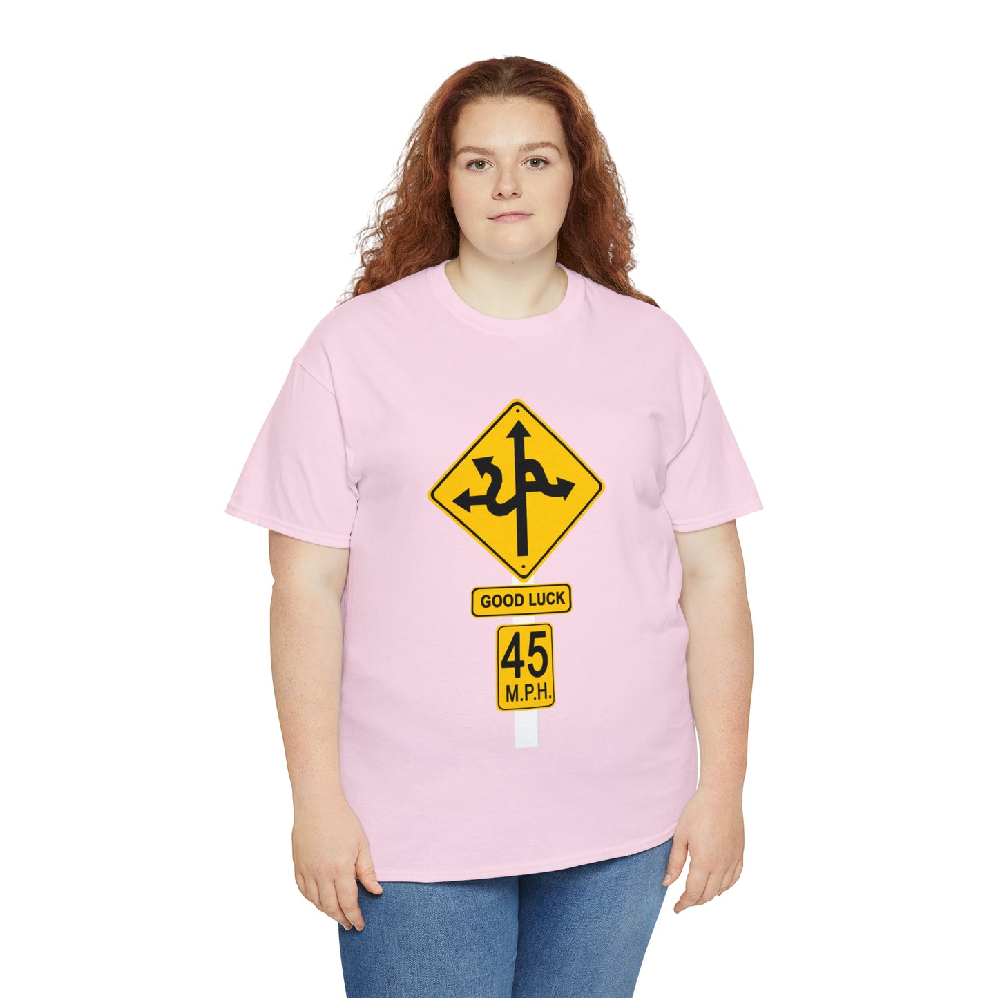 CRAZY FUNNY GOOD LUCK ROAD SIGN 45 MPH - Unisex Heavy Cotton Tee - USA