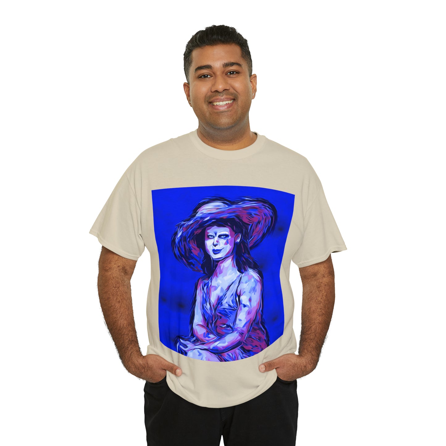 LADY IN SUN HAT (Blue) - Airt on a Shirt  - Unisex Heavy Cotton Tee - AUS