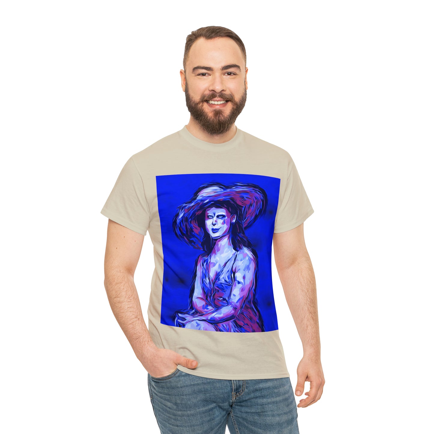 LADY IN SUN HAT (Blue) - Airt on a Shirt  - Unisex Heavy Cotton Tee - AUS