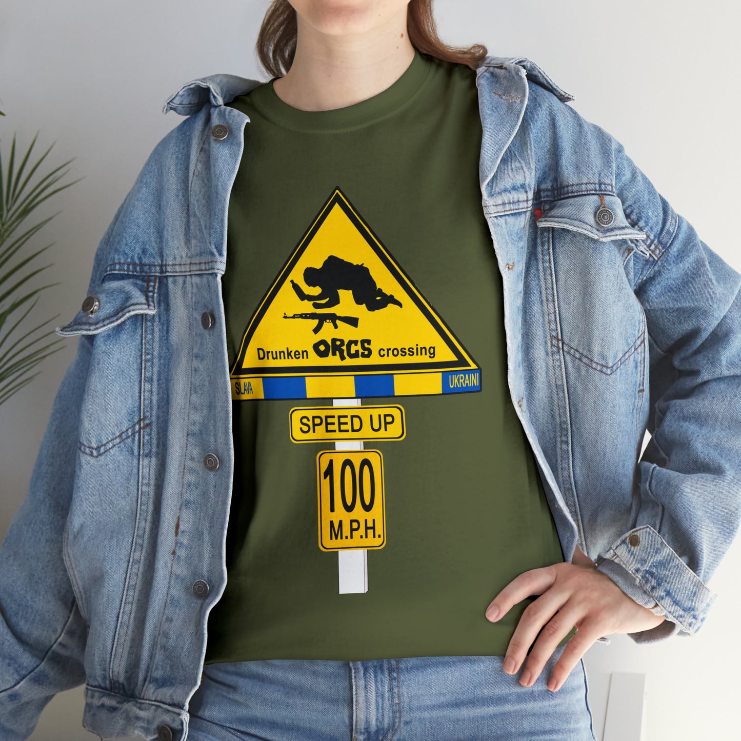 DRU**** ORCS CROSSING ROAD SIGN 100 MPH - Unisex Heavy Cotton Tee - USA