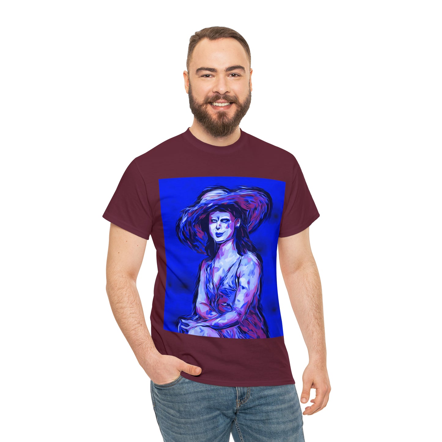 LADY IN SUN HAT (Blue) - Airt on a Shirt  - Unisex Heavy Cotton Tee - AUS