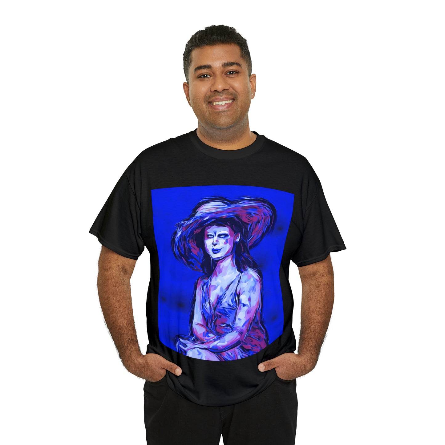 LADY IN SUN HAT (Blue) - Airt on a Shirt  - Unisex Heavy Cotton Tee - AUS