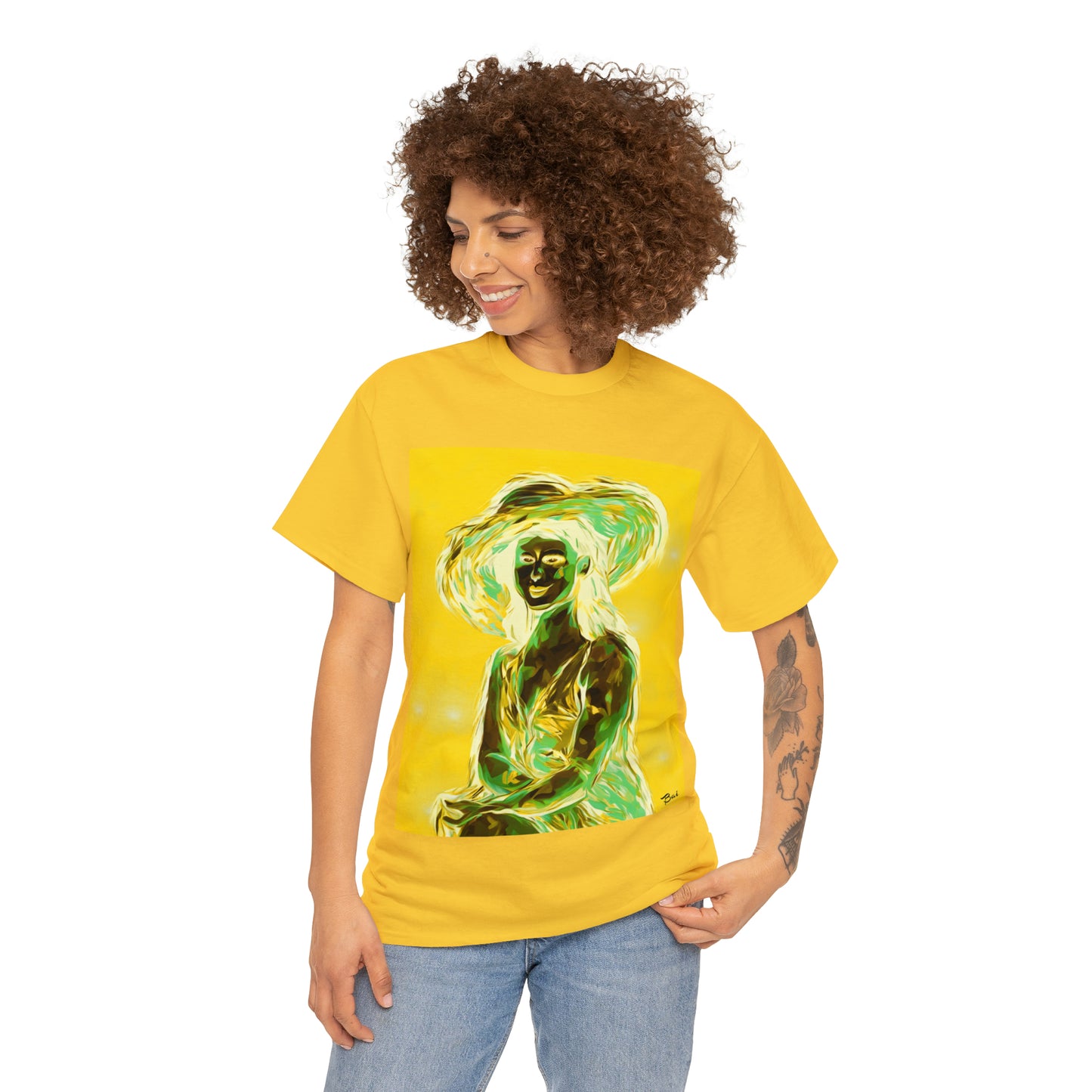 LADY IN SUN HAT (an Inversion in Blue) - Airt on a Shirt  - Unisex Heavy Cotton Tee - AUS