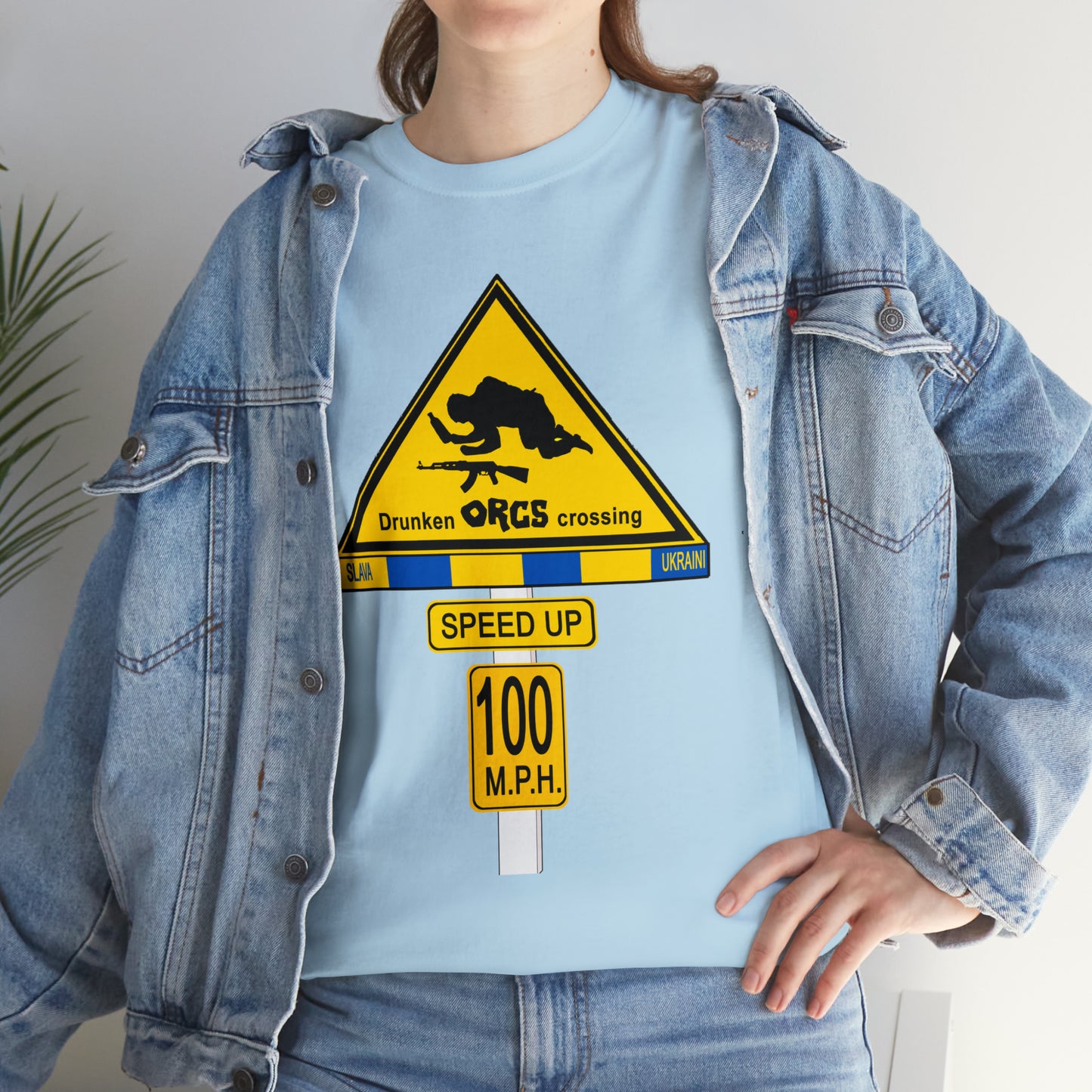 DRU**** ORCS CROSSING ROAD SIGN 100 MPH - Unisex Heavy Cotton Tee - USA