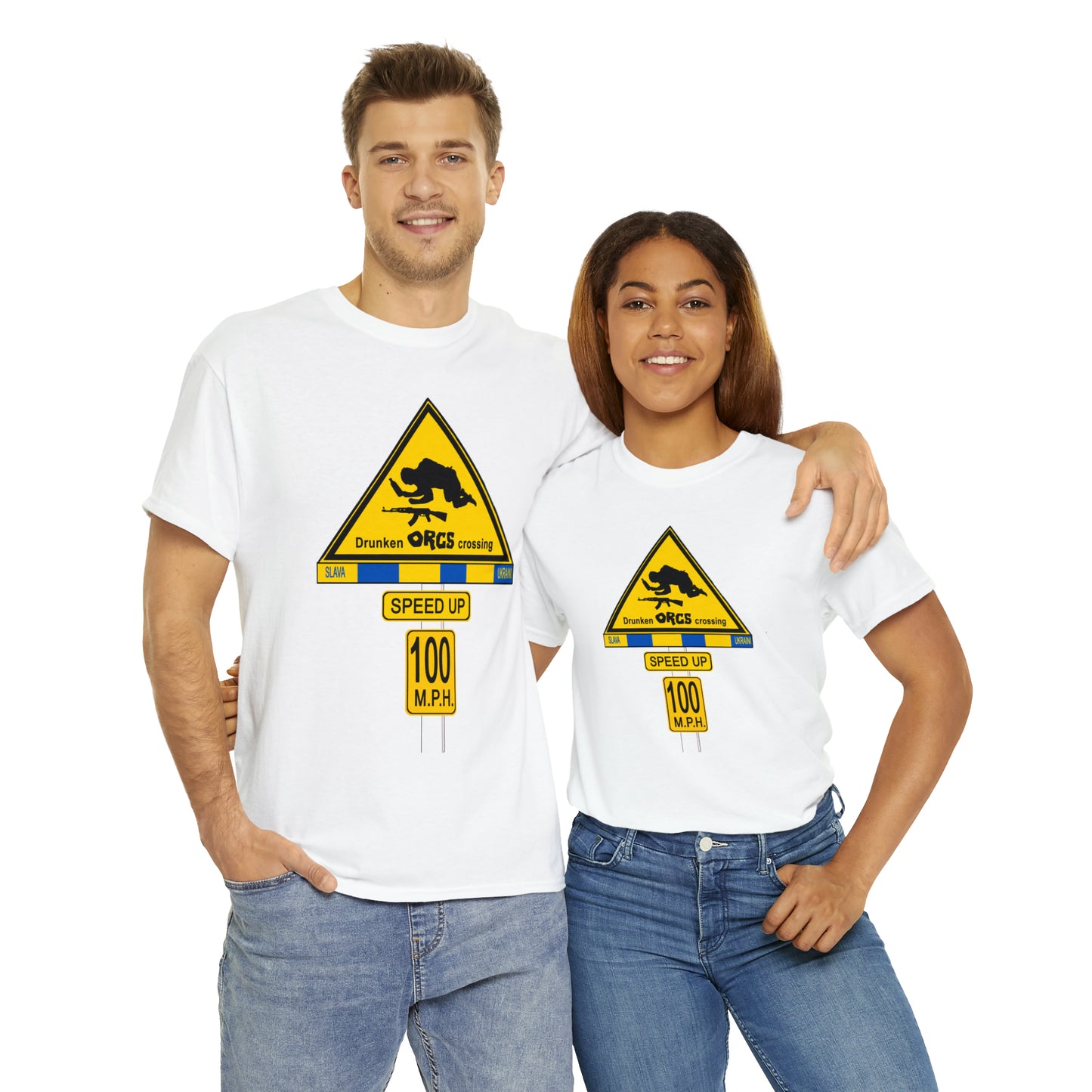 DRU**** ORCS CROSSING ROAD SIGN 100 MPH - Unisex Heavy Cotton Tee - USA