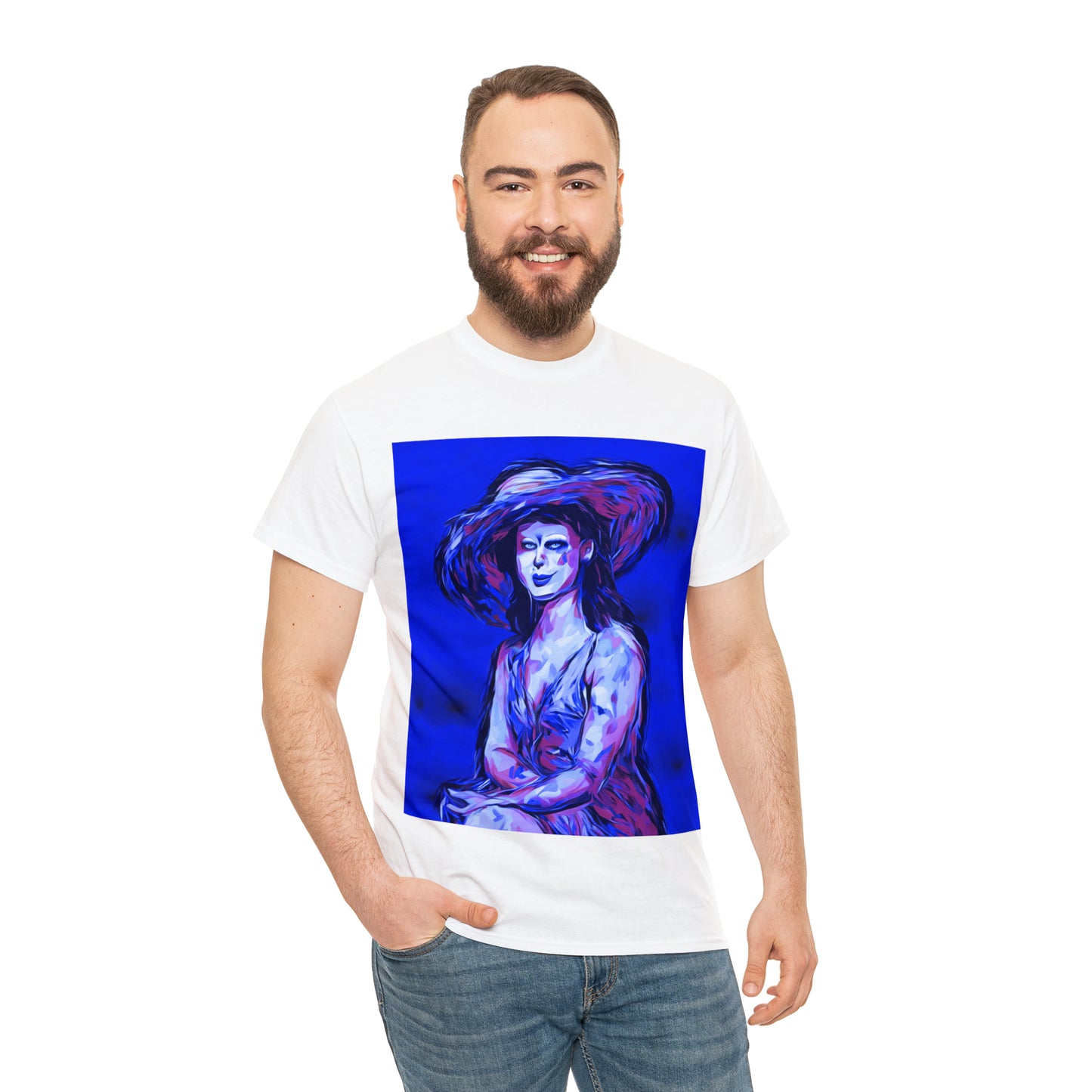 LADY IN SUN HAT (Blue) - Airt on a Shirt  - Unisex Heavy Cotton Tee - AUS