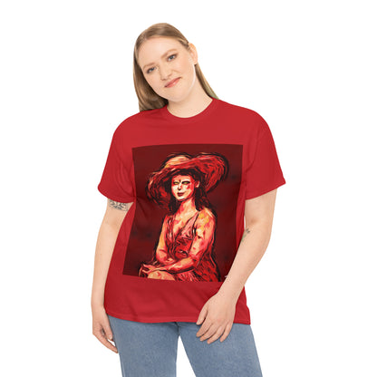 LADY IN SUN HAT (Red) - Airt on a Shirt  - Unisex Heavy Cotton Tee - AUS