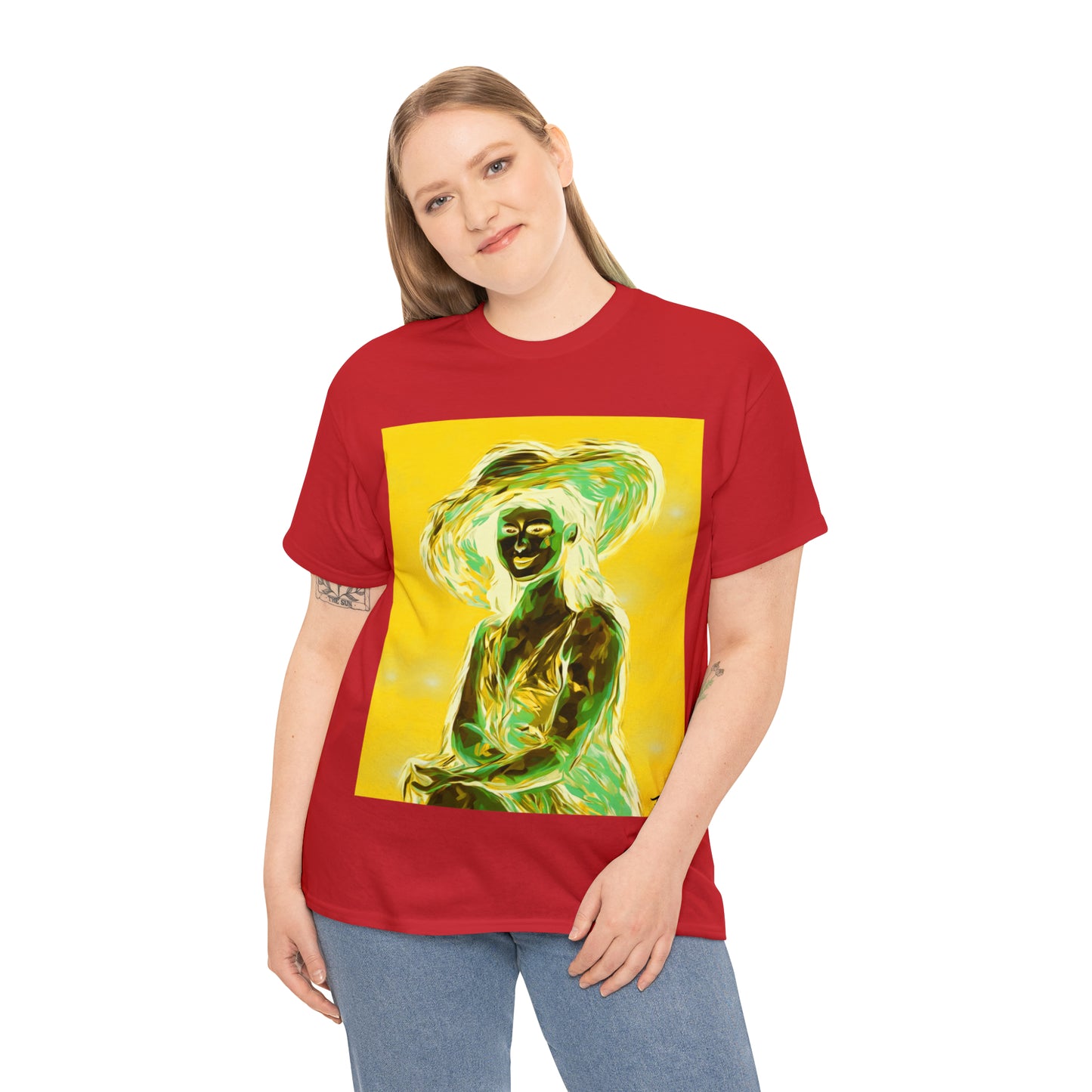 LADY IN SUN HAT (an Inversion in Blue) - Airt on a Shirt  - Unisex Heavy Cotton Tee - AUS