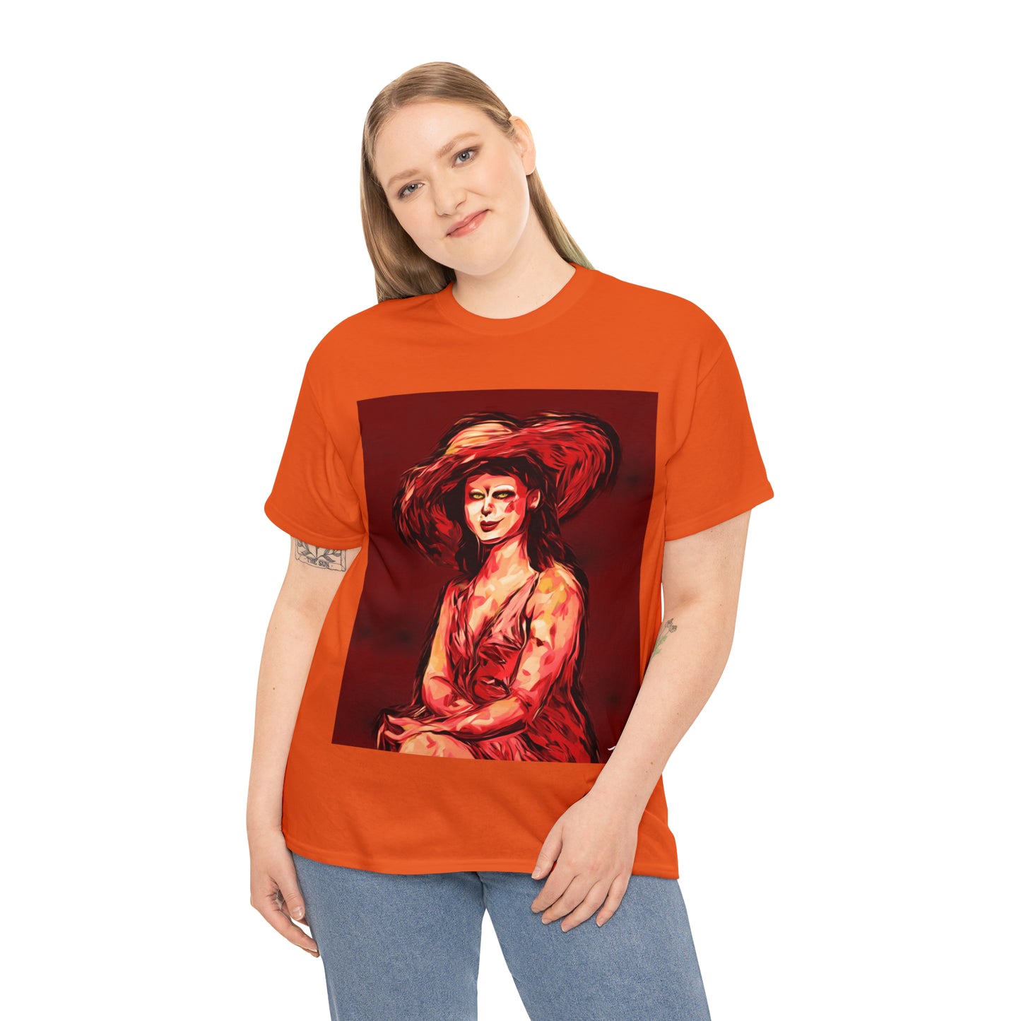 LADY IN SUN HAT (Red) - Airt on a Shirt  - Unisex Heavy Cotton Tee - AUS