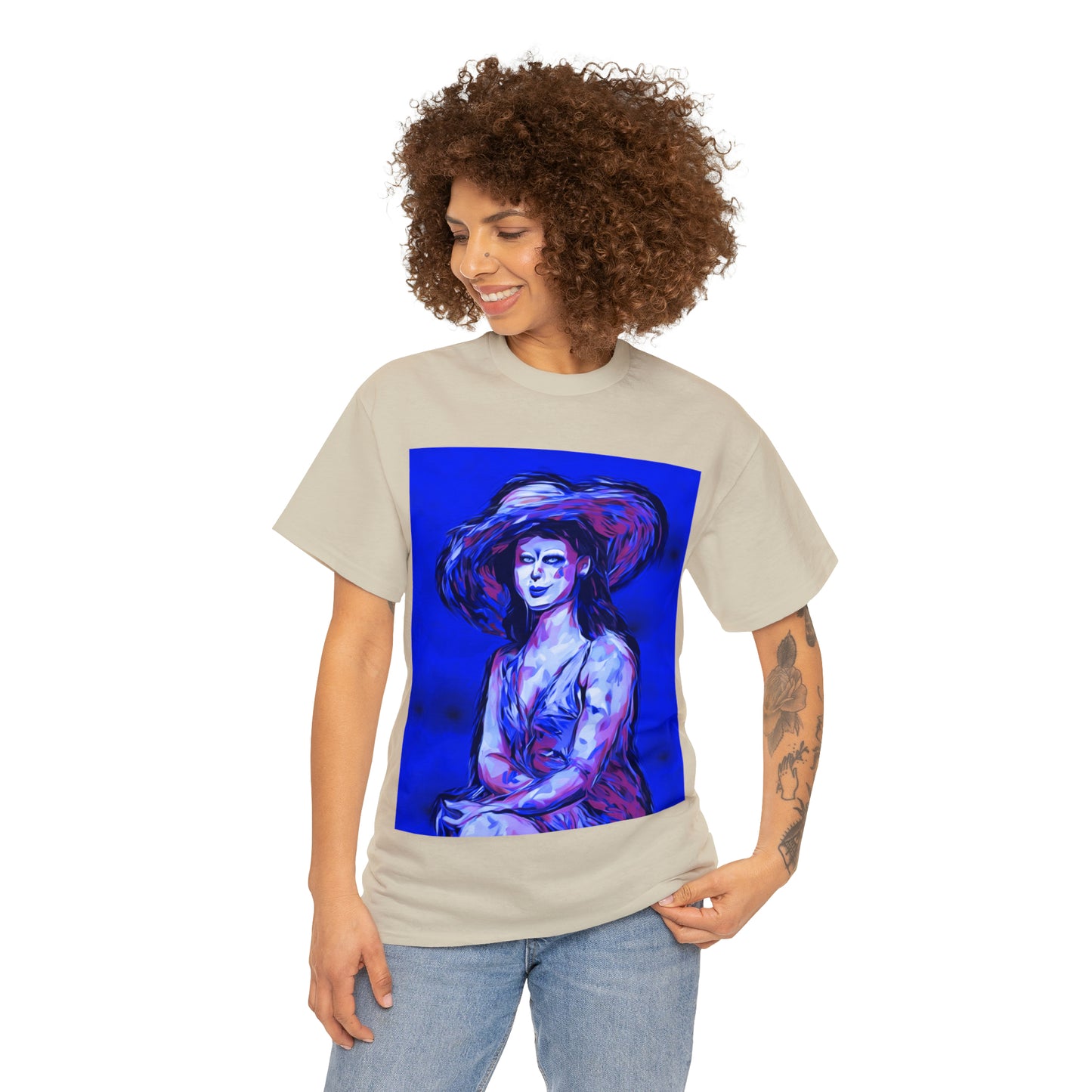 LADY IN SUN HAT (Blue) - Airt on a Shirt  - Unisex Heavy Cotton Tee - AUS