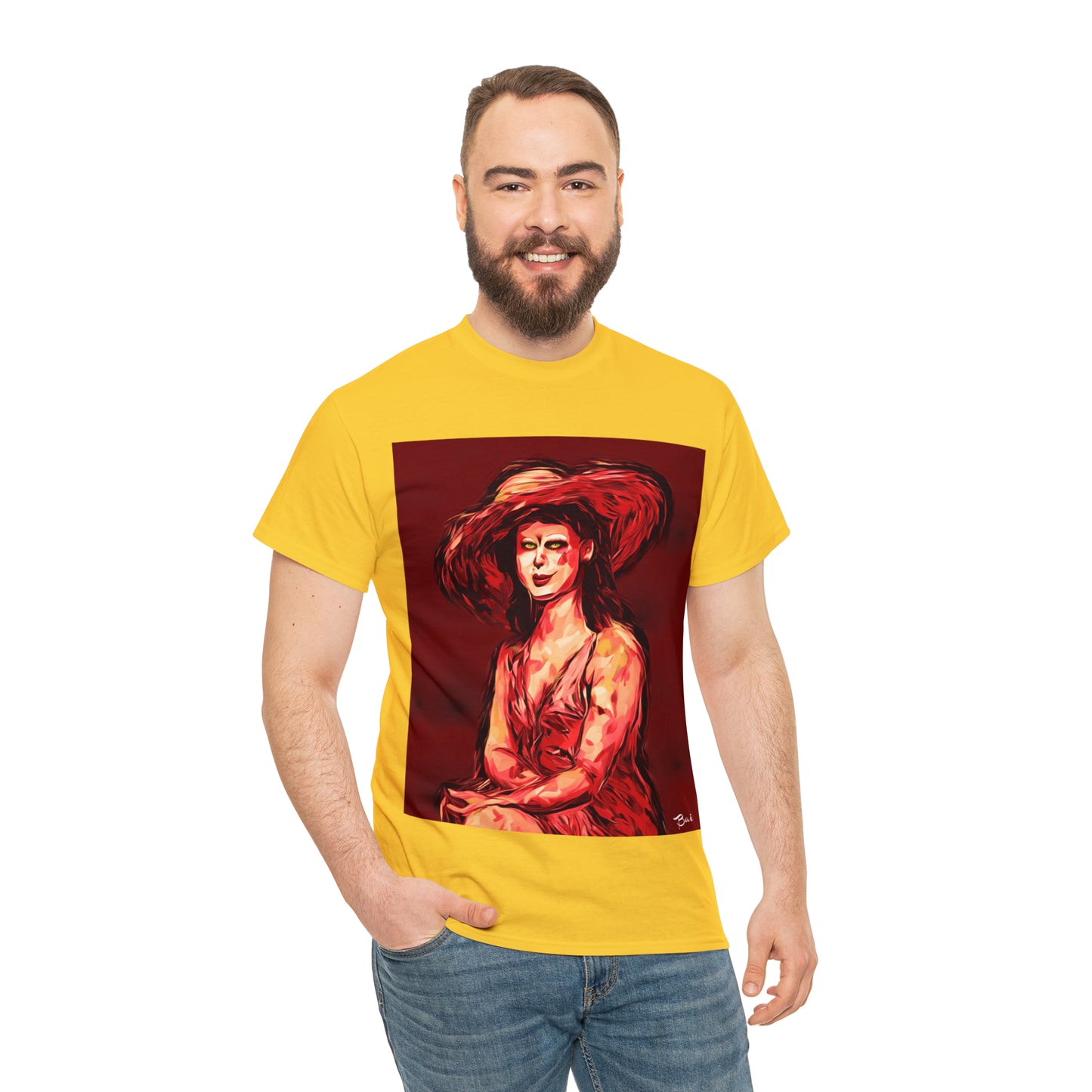 LADY IN SUN HAT (Red) - Airt on a Shirt  - Unisex Heavy Cotton Tee - AUS