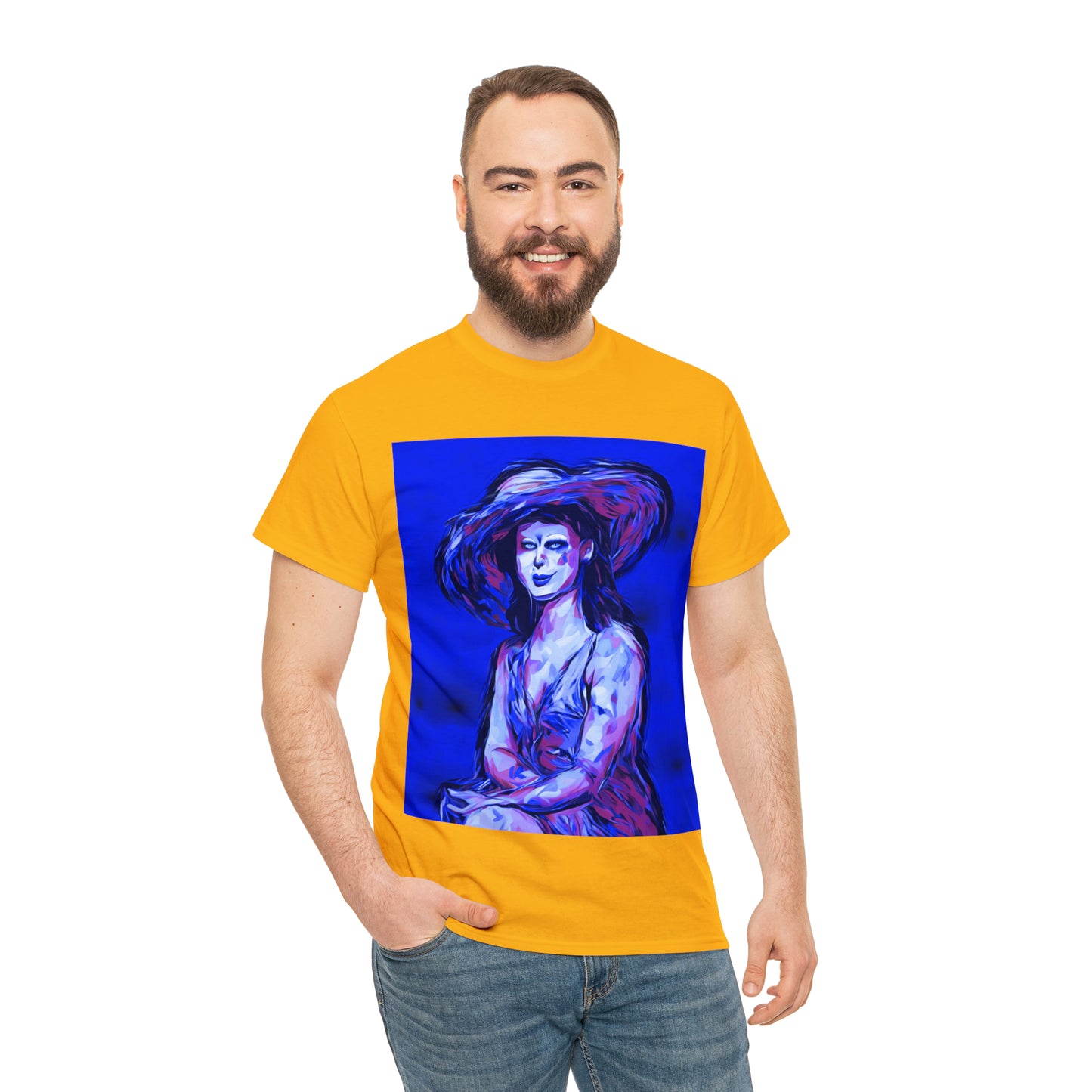 LADY IN SUN HAT (Blue) - Airt on a Shirt  - Unisex Heavy Cotton Tee - AUS