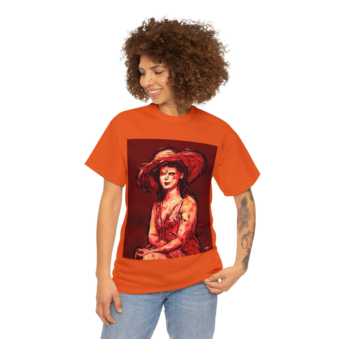 LADY IN SUN HAT (Red) - Airt on a Shirt  - Unisex Heavy Cotton Tee - AUS