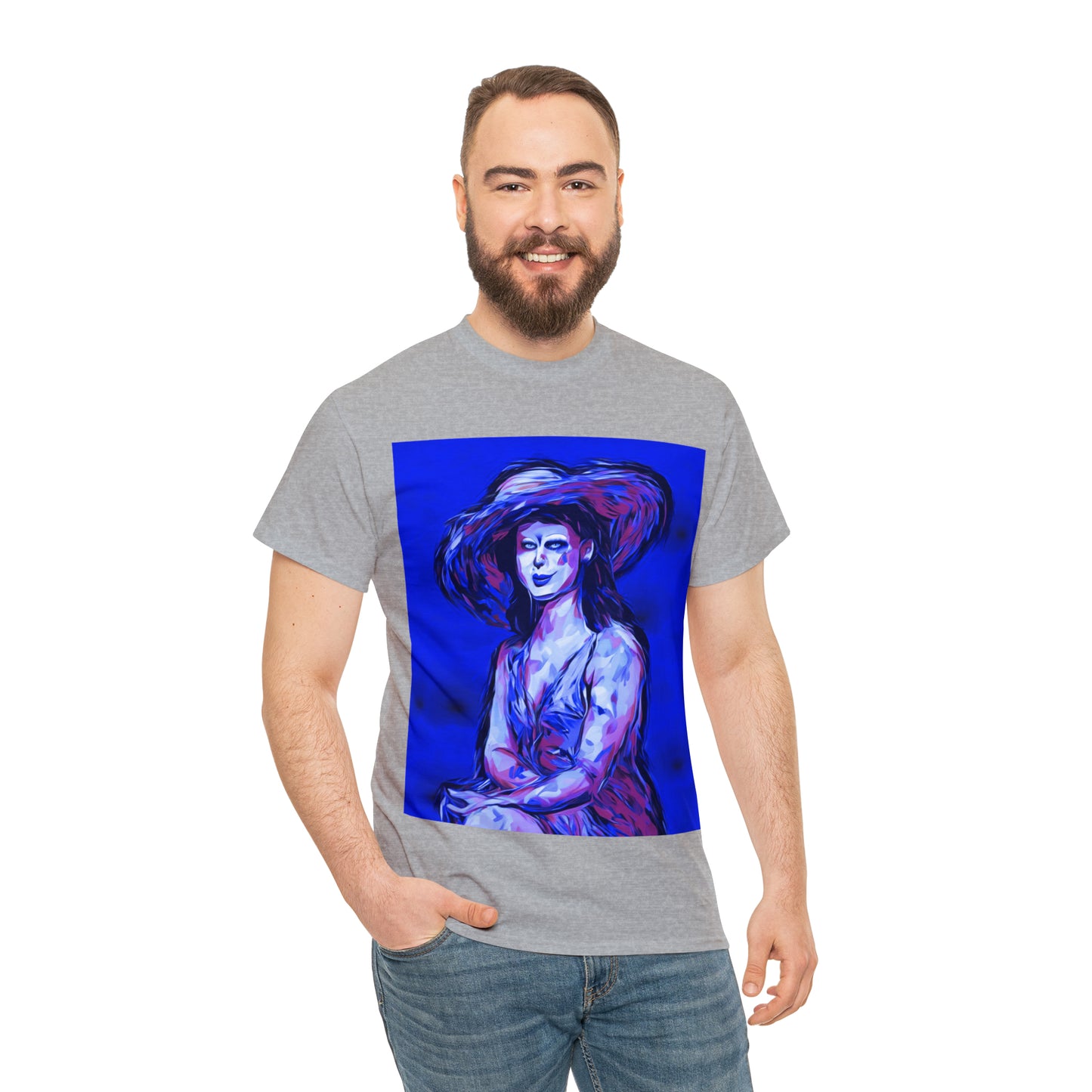 LADY IN SUN HAT (Blue) - Airt on a Shirt  - Unisex Heavy Cotton Tee - AUS