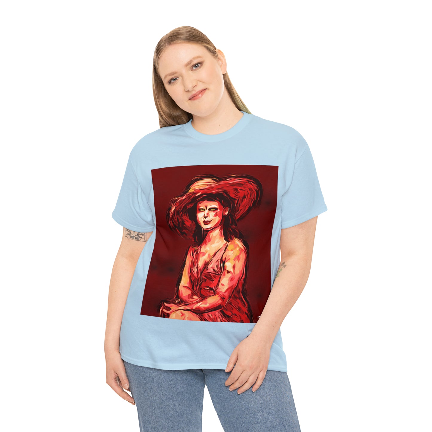 LADY IN SUN HAT (Red) - Airt on a Shirt  - Unisex Heavy Cotton Tee - AUS