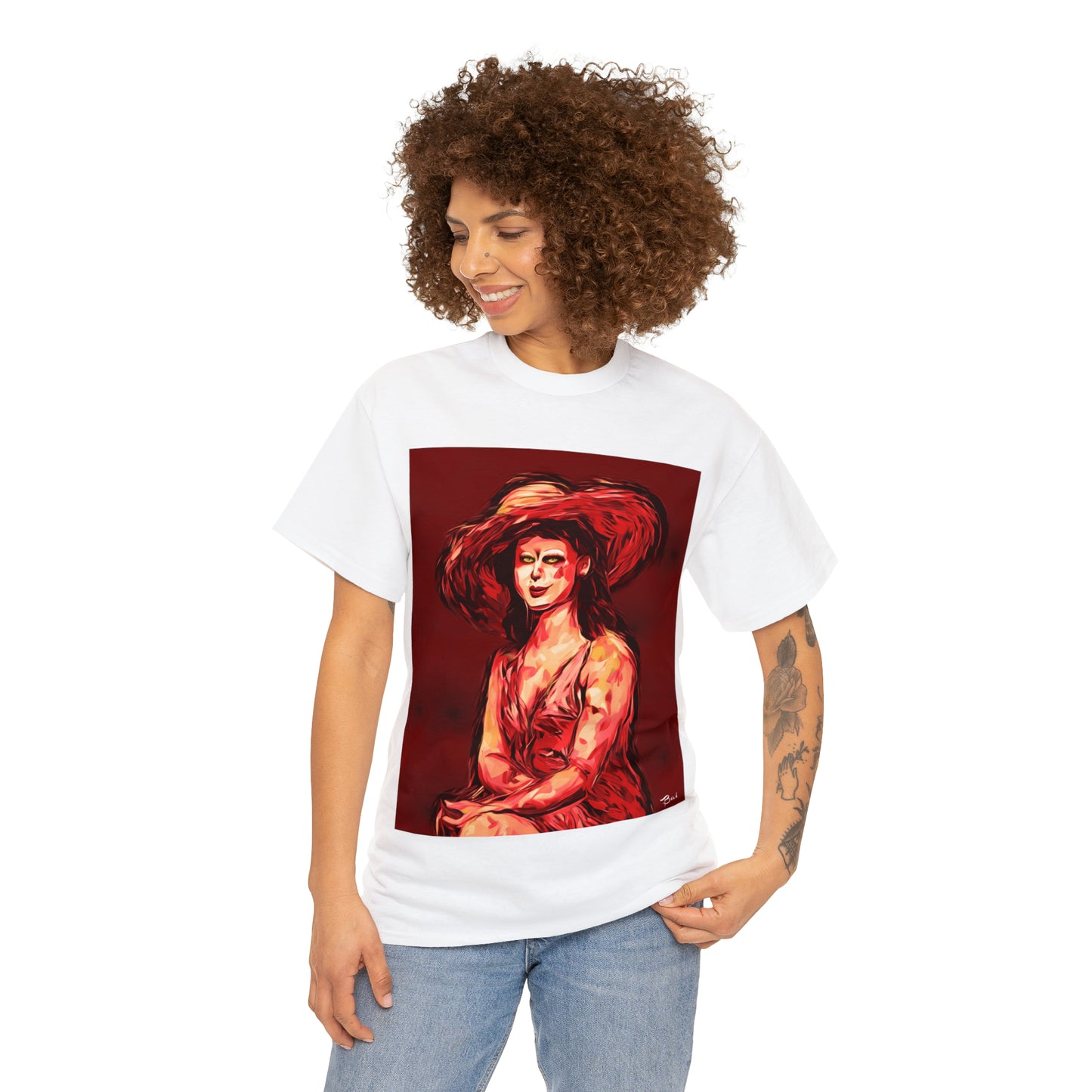 LADY IN SUN HAT (Red) - Airt on a Shirt  - Unisex Heavy Cotton Tee - AUS