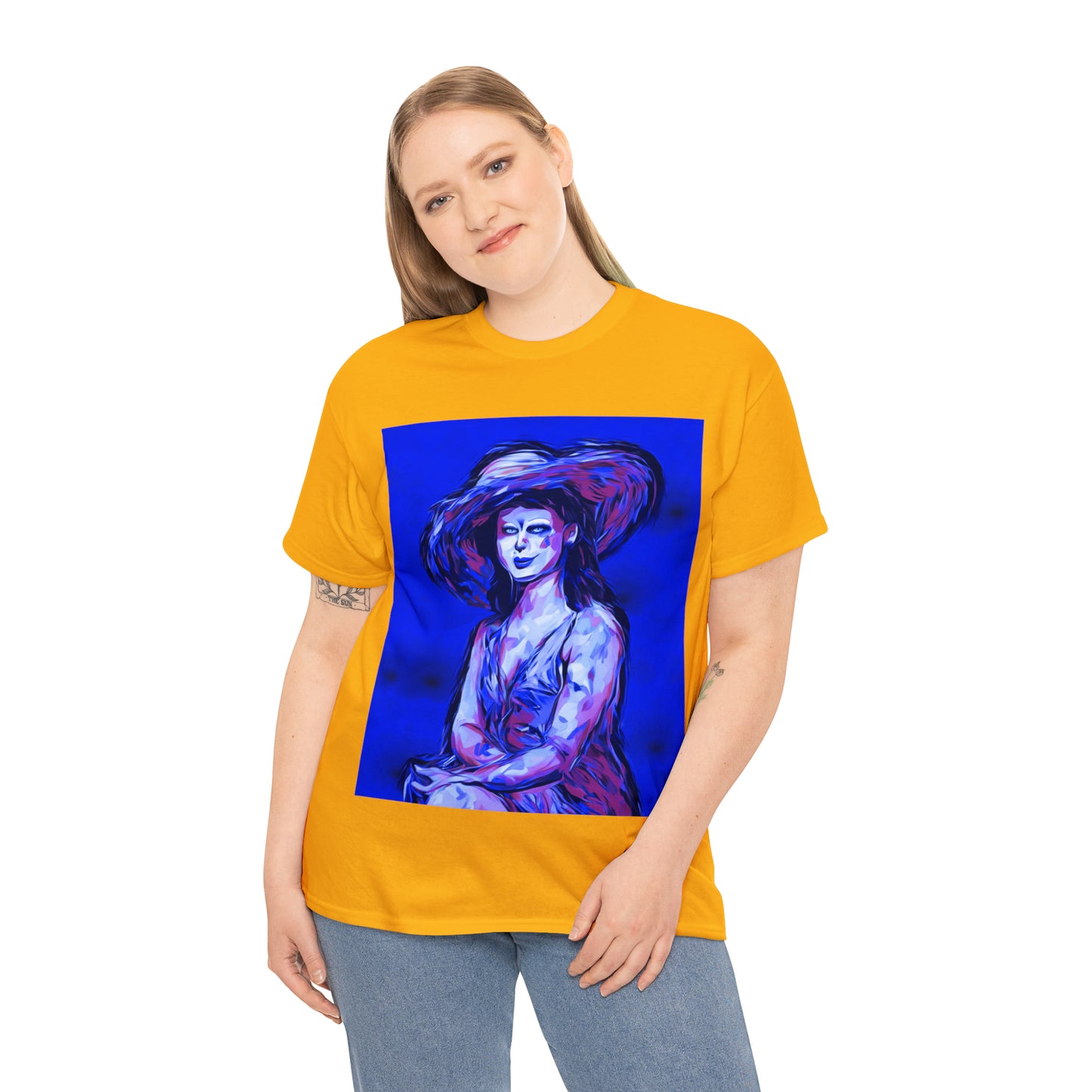 LADY IN SUN HAT (Blue) - Airt on a Shirt  - Unisex Heavy Cotton Tee - AUS