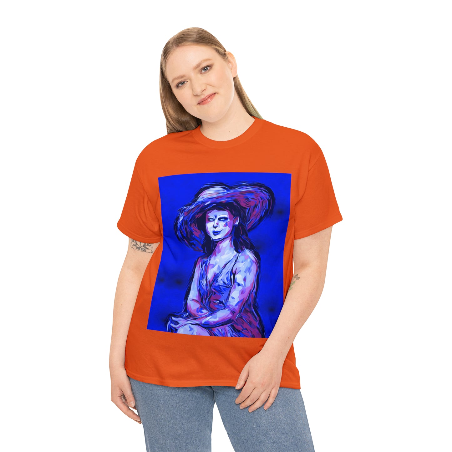 LADY IN SUN HAT (Blue) - Airt on a Shirt  - Unisex Heavy Cotton Tee - AUS