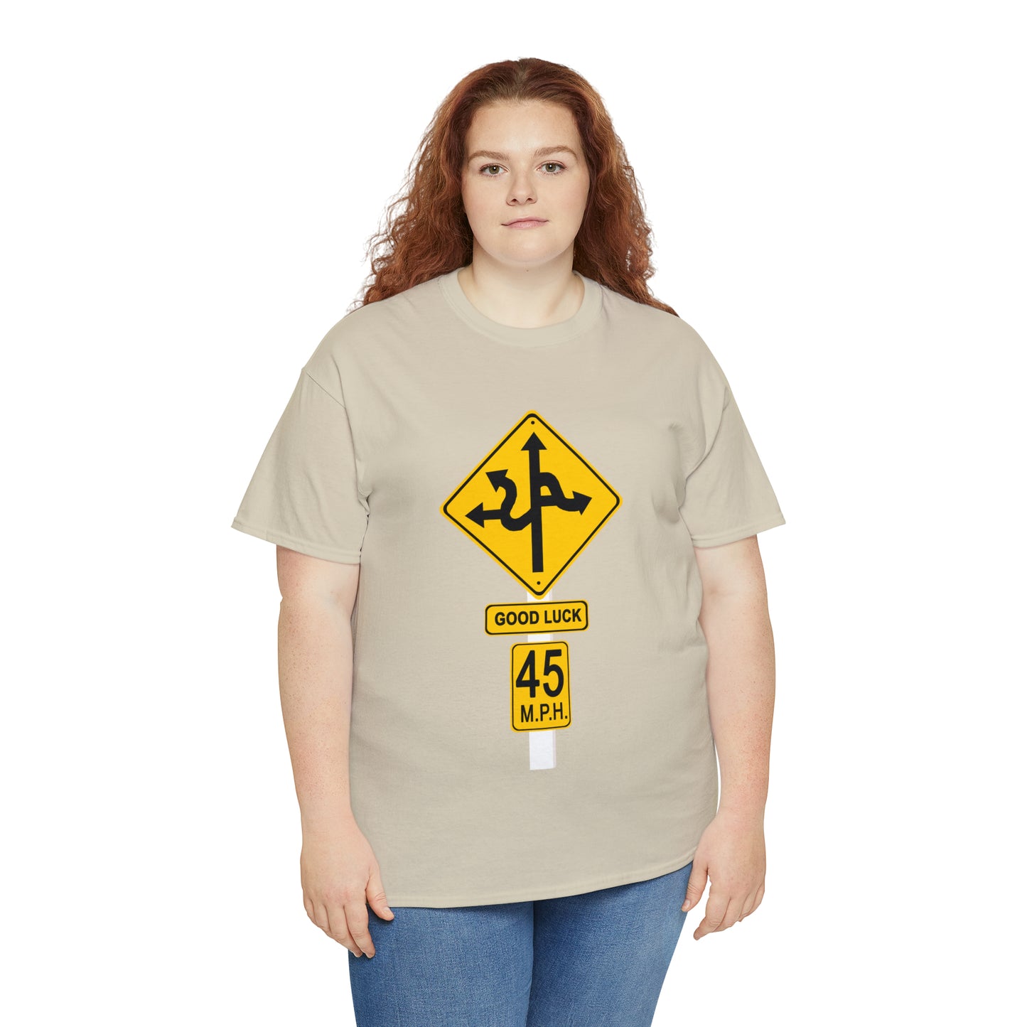 CRAZY FUNNY GOOD LUCK ROAD SIGN 45 MPH - Unisex Heavy Cotton Tee - USA