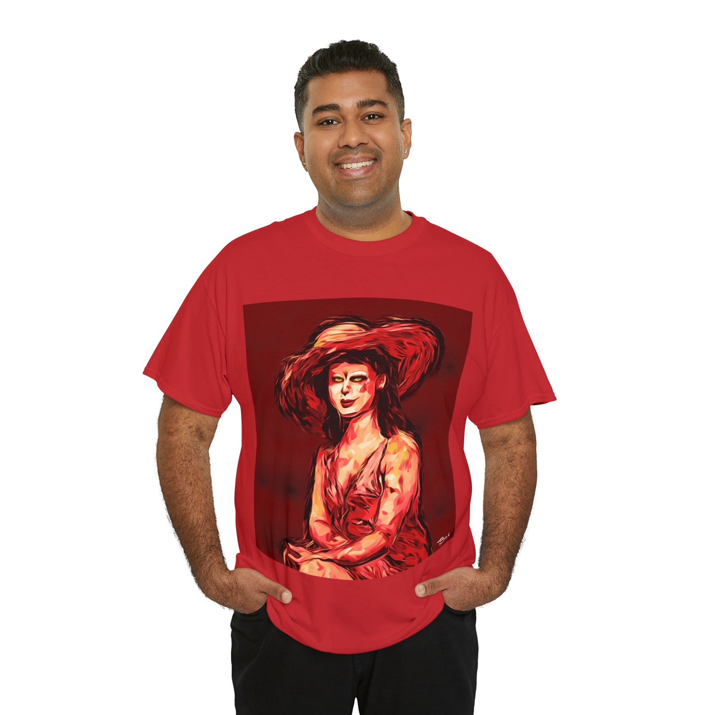 LADY IN SUN HAT (Red) - Airt on a Shirt  - Unisex Heavy Cotton Tee - AUS