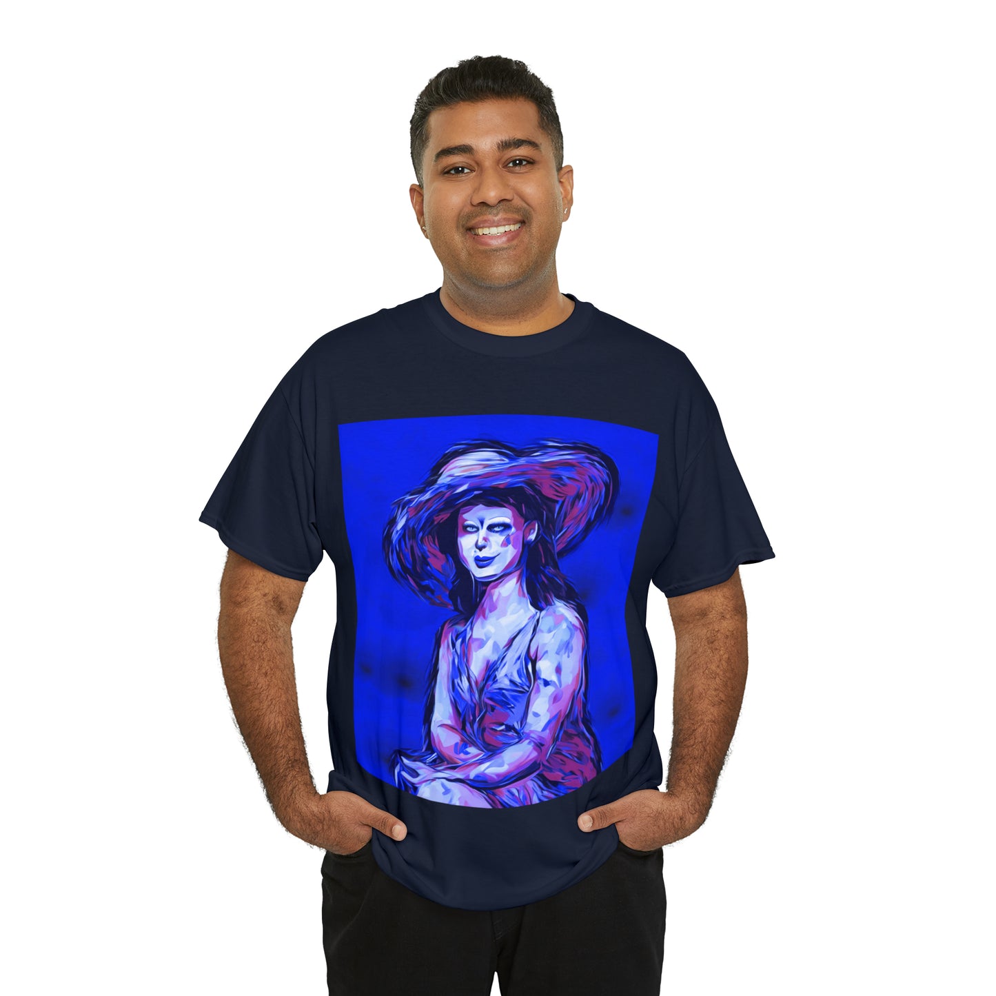 LADY IN SUN HAT (Blue) - Airt on a Shirt  - Unisex Heavy Cotton Tee - AUS