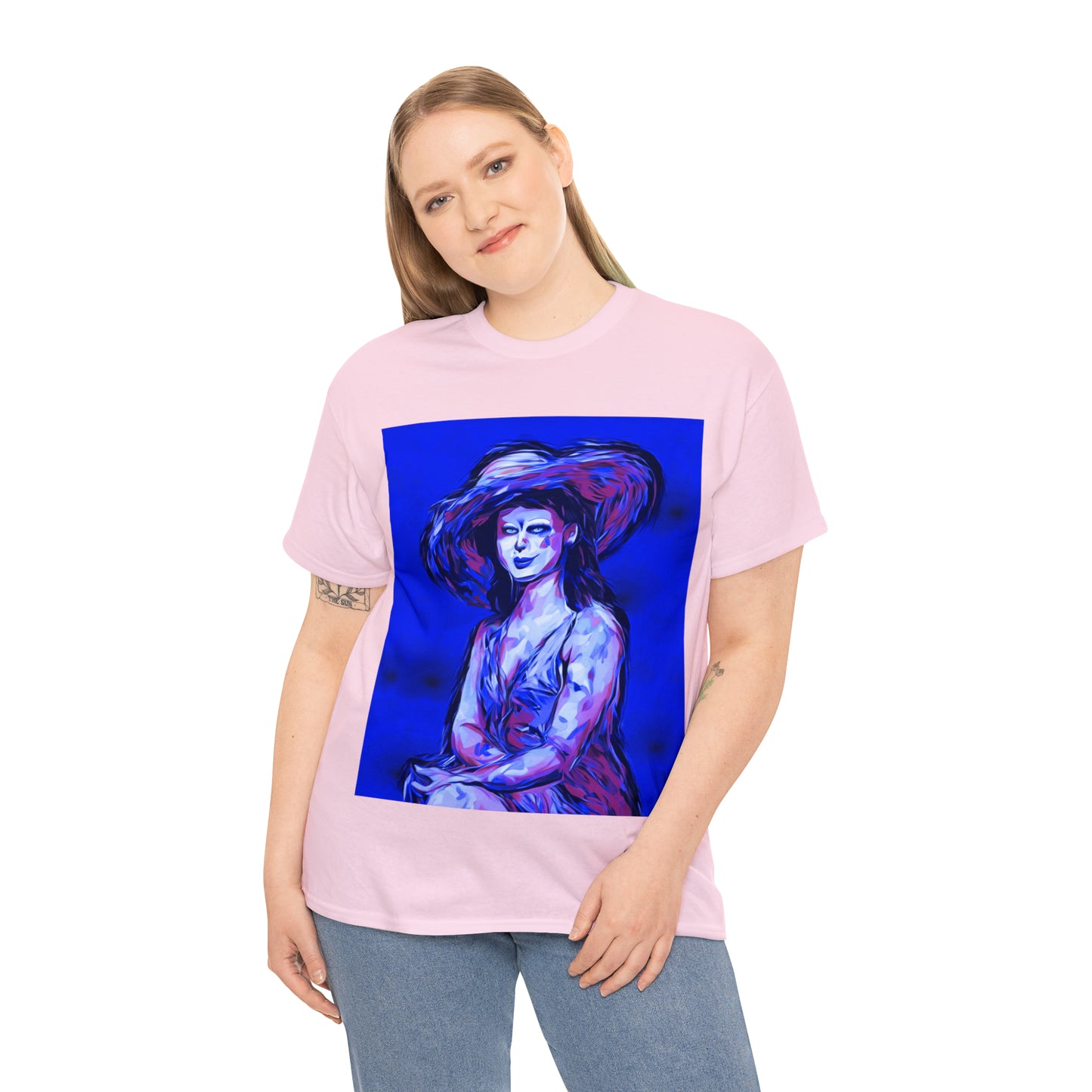 LADY IN SUN HAT (Blue) - Airt on a Shirt  - Unisex Heavy Cotton Tee - AUS