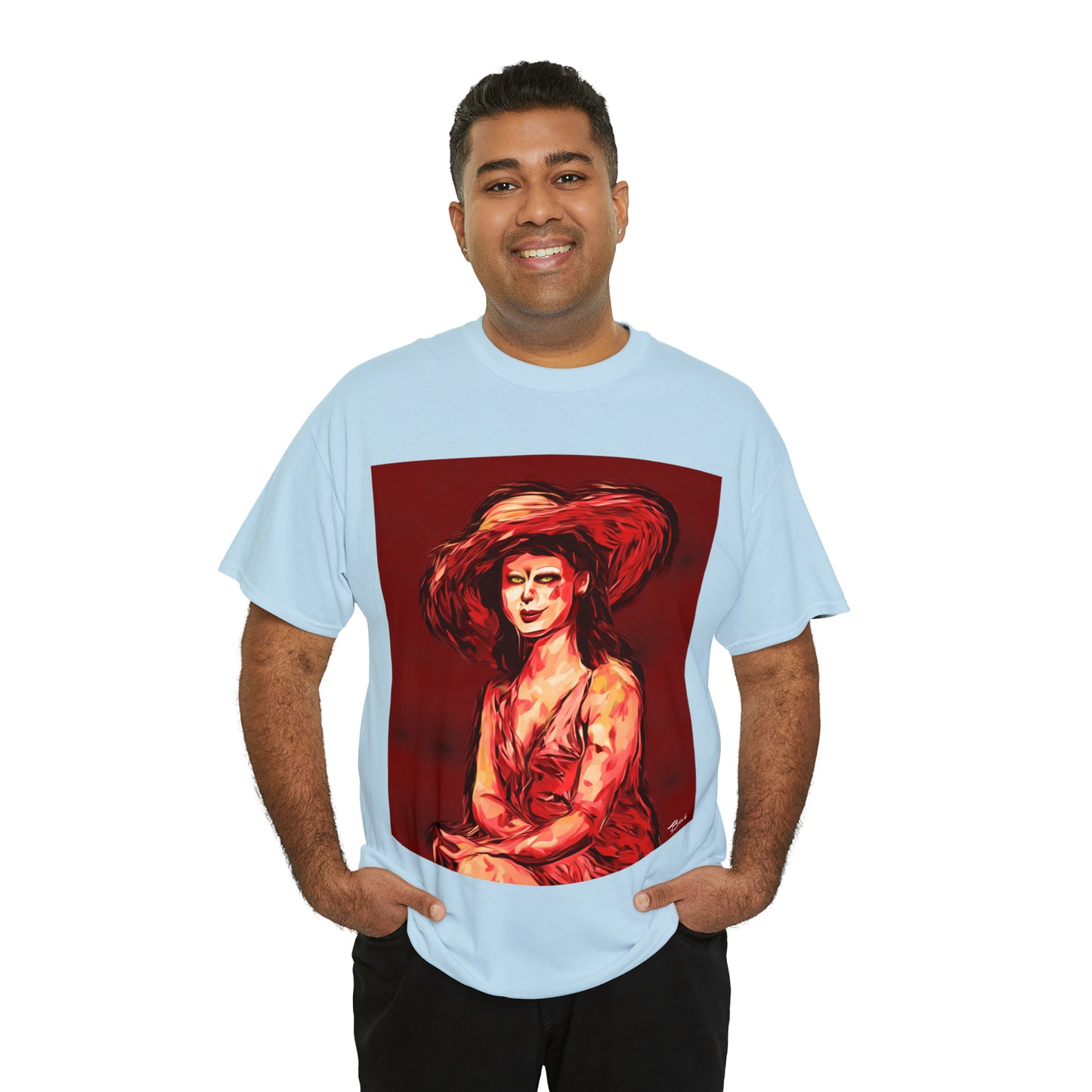 LADY IN SUN HAT (Red) - Airt on a Shirt  - Unisex Heavy Cotton Tee - AUS