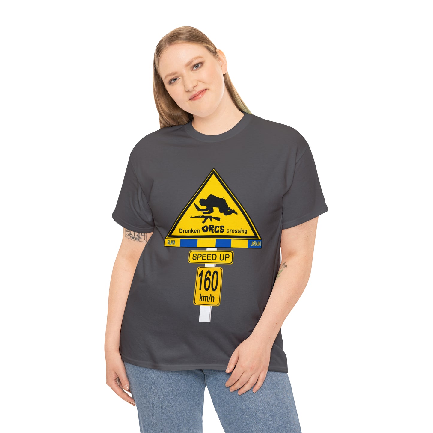 DRU**** ORCS CROSSING UKRAINE SUPPORTER T-SHIRT - Unisex Heavy Cotton Tee - AUS